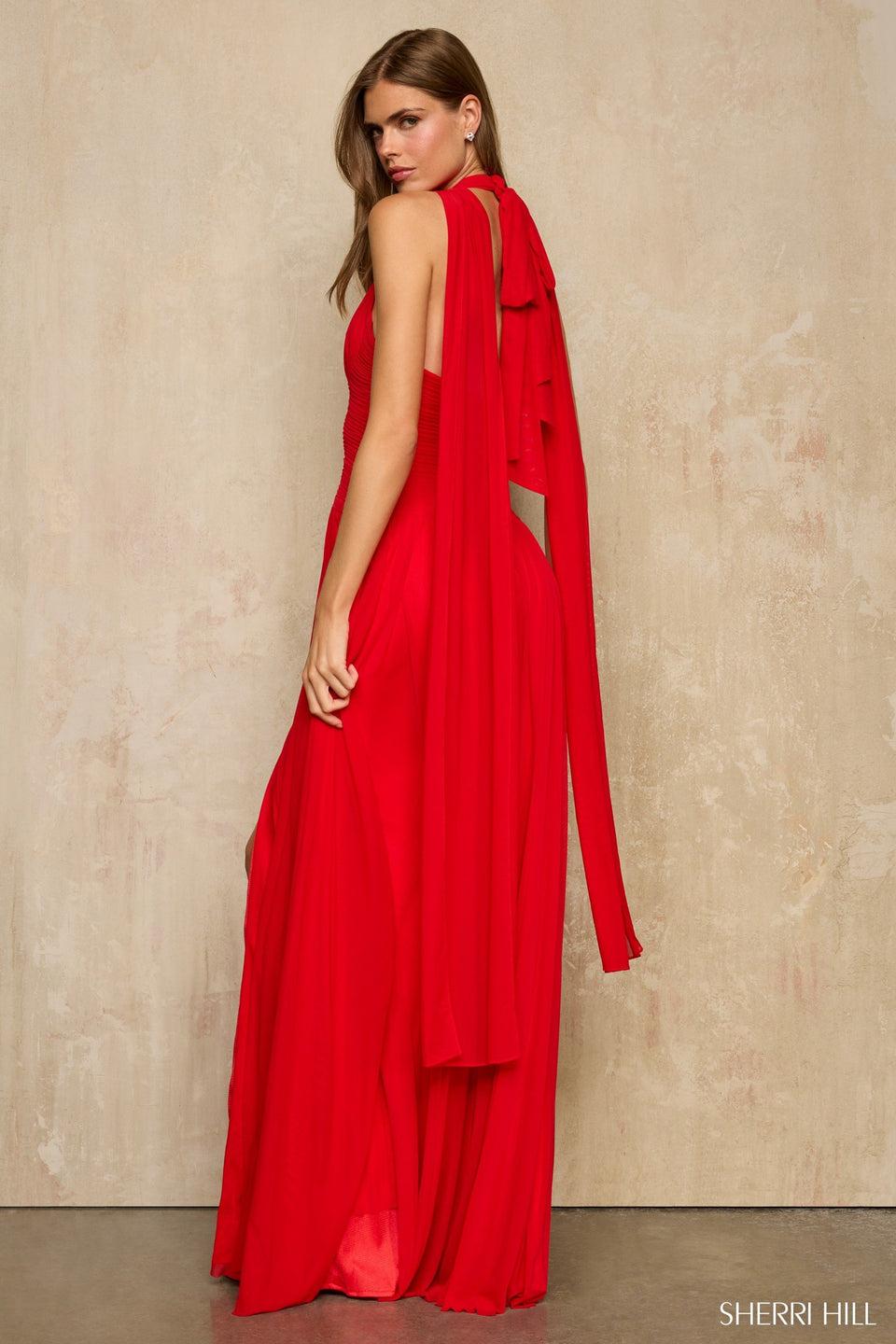 Sherri Hill Halter Neck Mesh Gown With A Deep V Neck And Skirt Slit