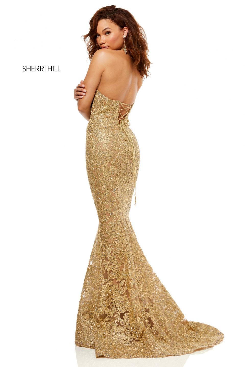 Sherri Hill Halter Neck Metallic Lace Mermaid With Corset Style Back