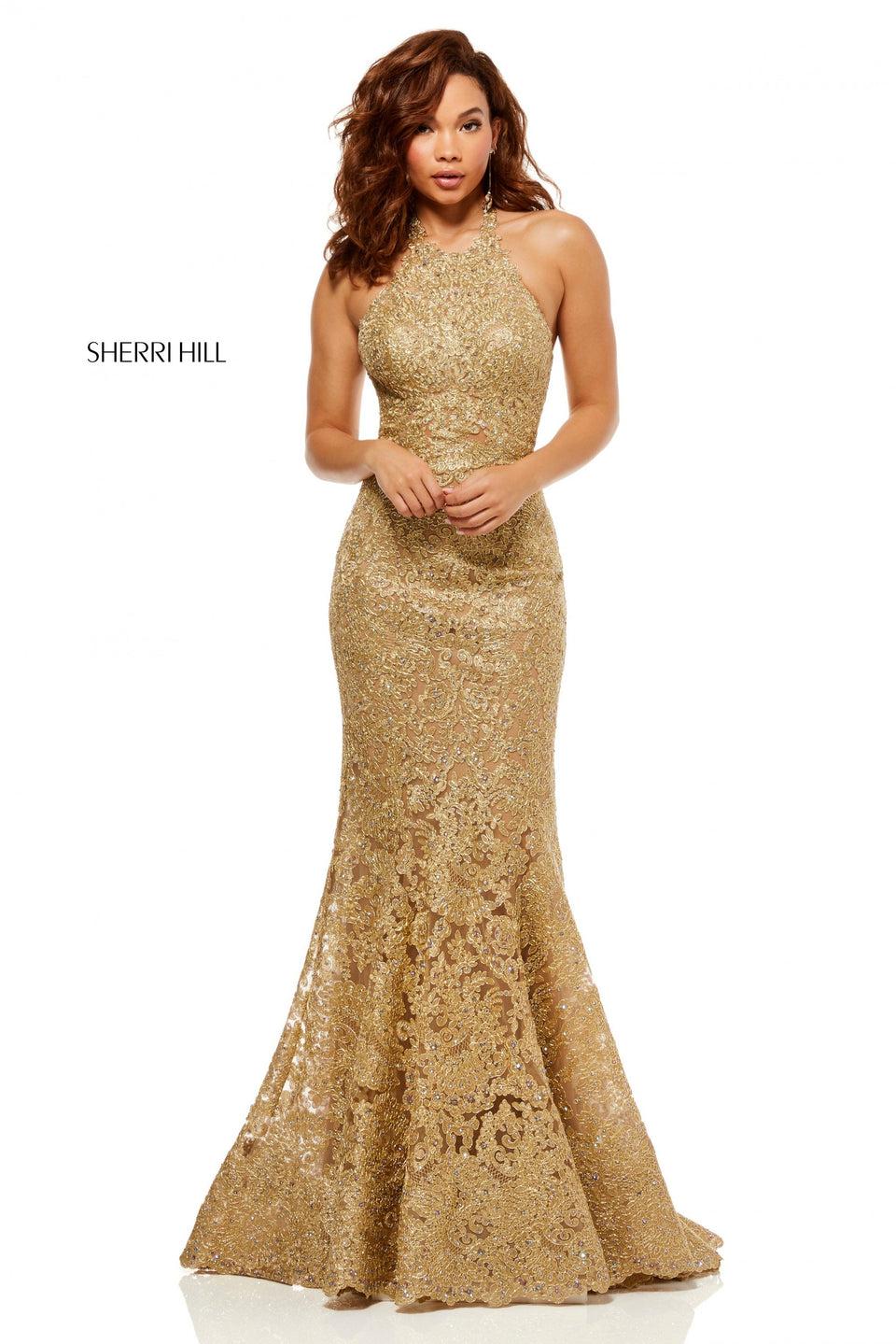 Sherri Hill Halter Neck Metallic Lace Mermaid With Corset Style Back