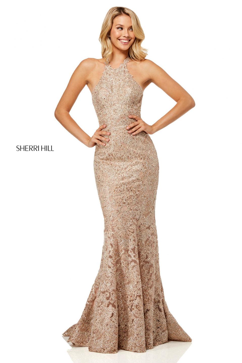 sherri hill Halter neck metallic lace mermaid with corset style back