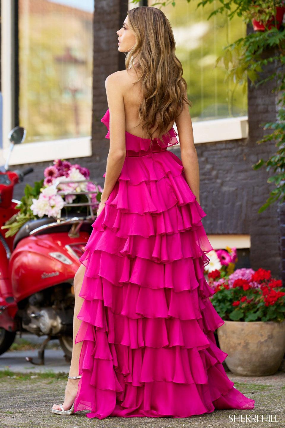 Sherri Hill Halter Satin Corset Gown With Key Hole And An Organza Ruffle Skirt With Slit