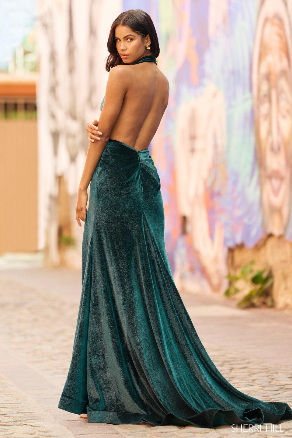 Sherri Hill Halter Velvet Gown With An Open Back And High Skirt Slit