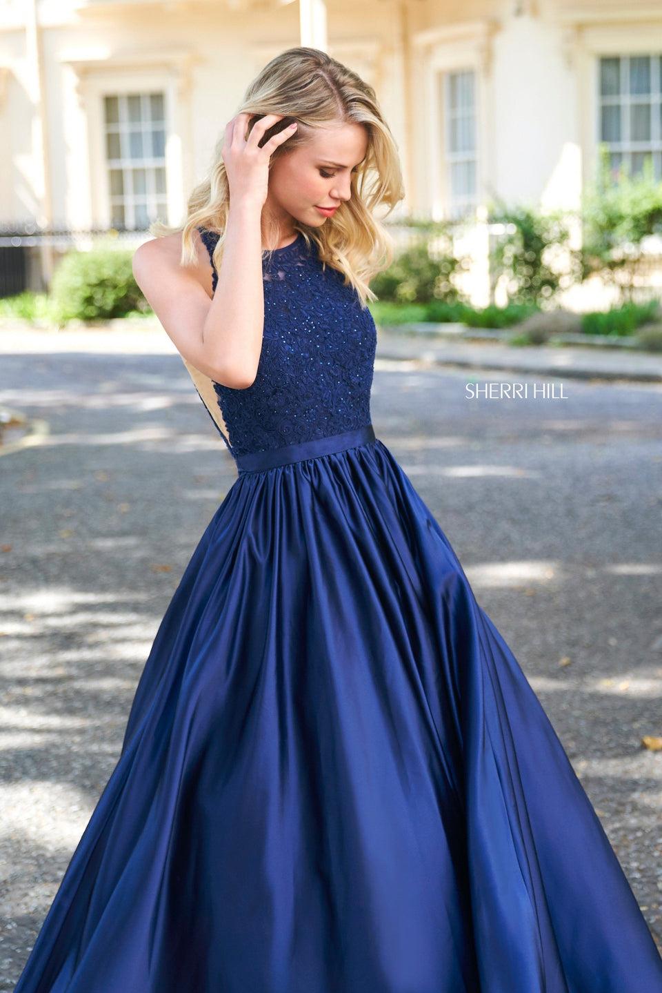 Sherri Hill High Cut Halter Style Lace Bodice With Satin Ball Gown Skirt