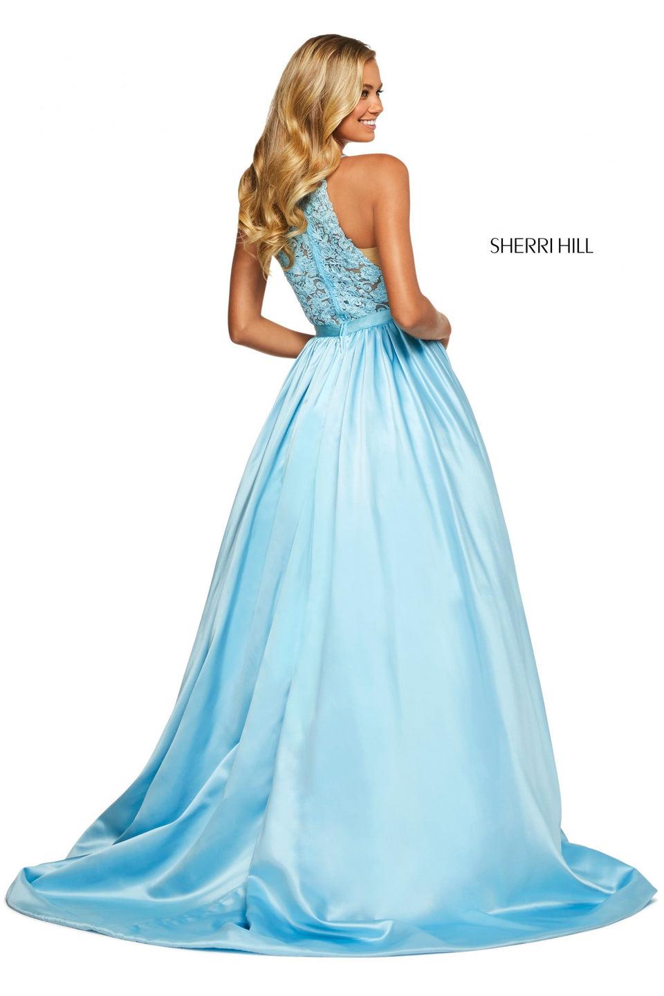 Sherri Hill High Cut Halter Style Lace Bodice With Satin Ball Gown Skirt