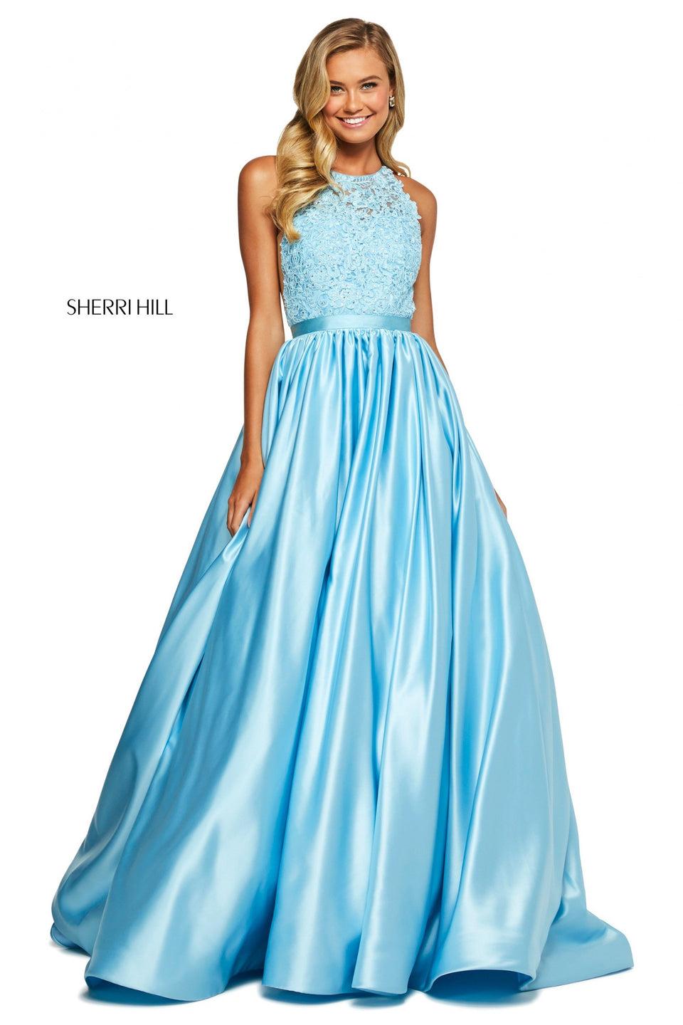 Sherri Hill High Cut Halter Style Lace Bodice With Satin Ball Gown Skirt