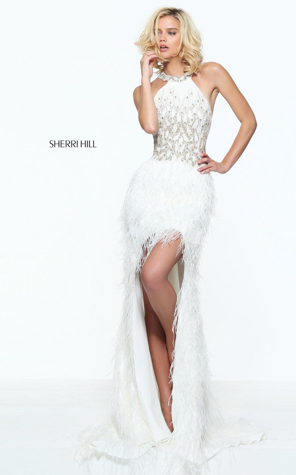 sherri hill High low feather skirt with a beaded bodice