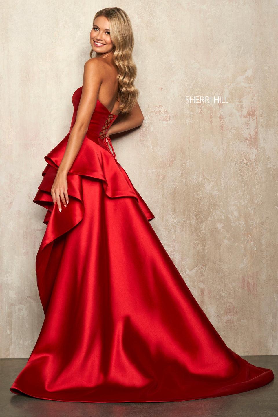 Sherri Hill High Low Strapless Mikado Dress With Lace Up Back And Ruffles