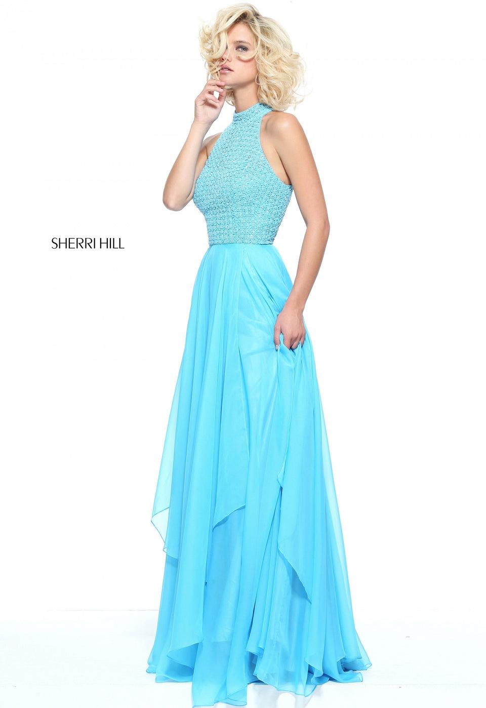 Sherri Hill High Neck Beaded Bodice With A Layered Chiffon Skirt
