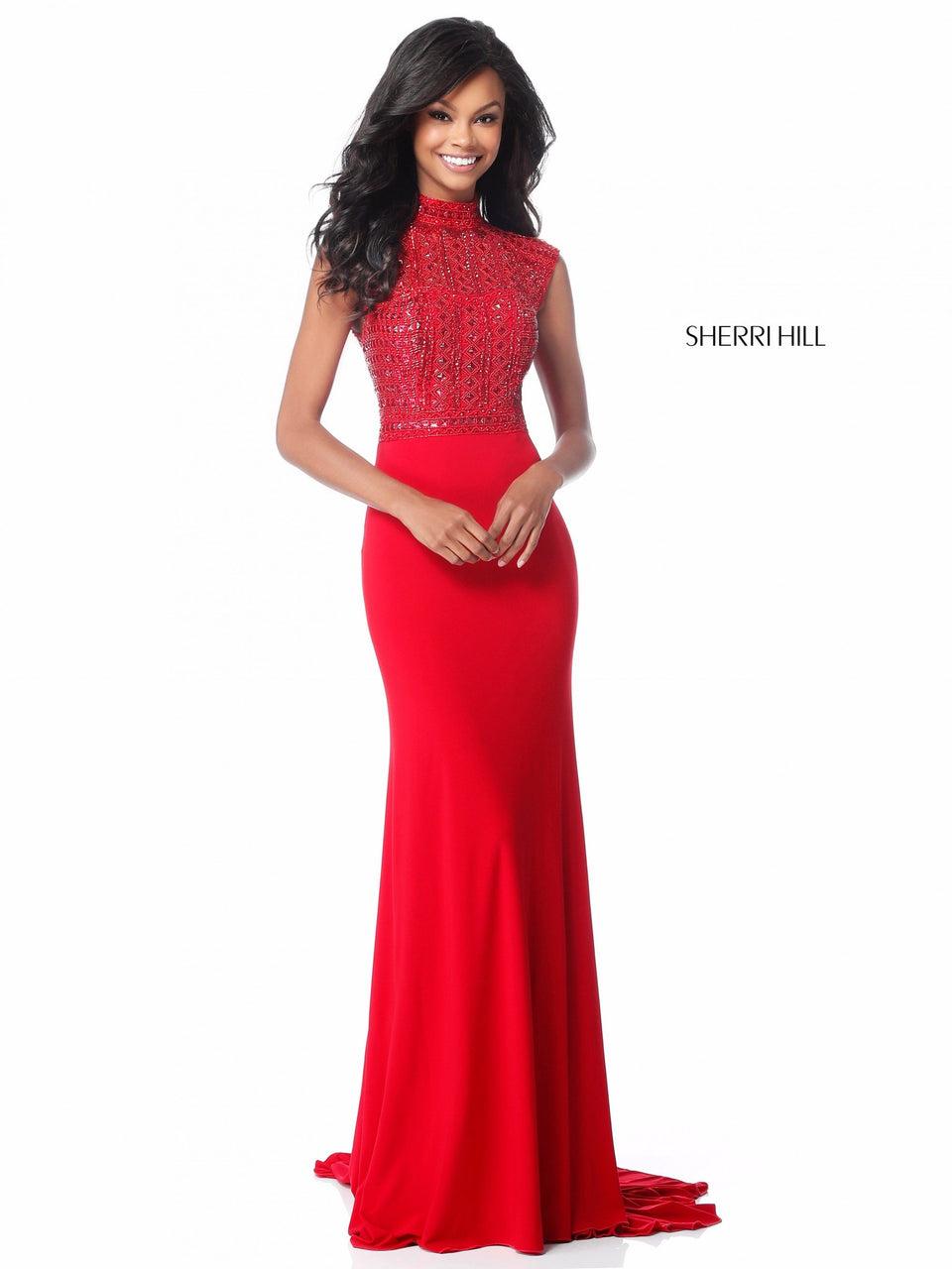 sherri hill High neck beaded bodice with jersey skirt