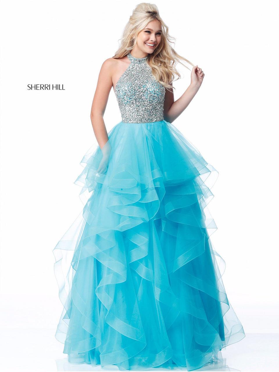 sherri hill High neck beaded bodice with keyhole back and ruffle tulle skirt