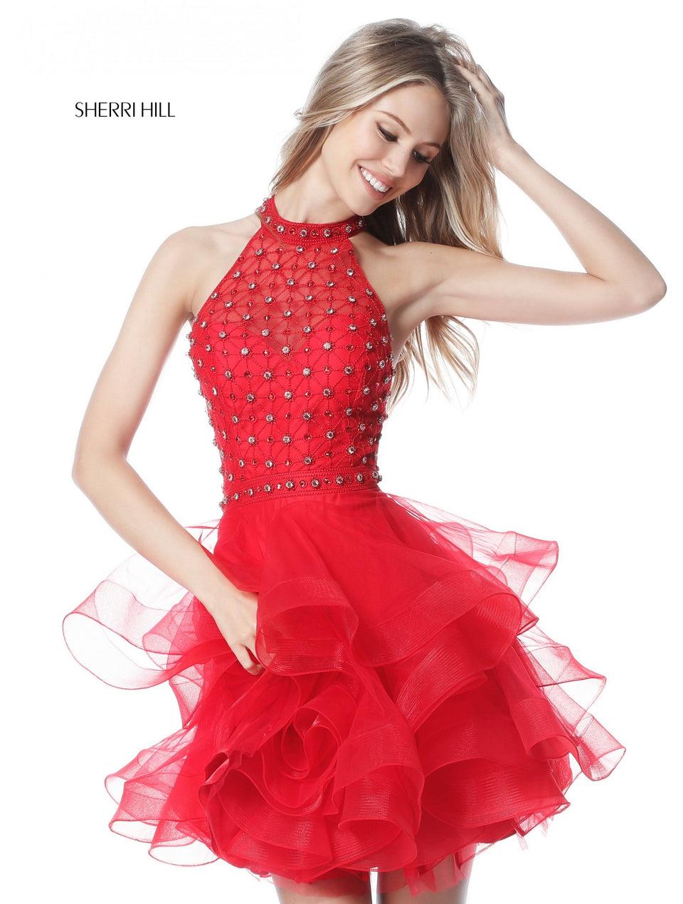 Sherri Hill High Neck Beaded Bodice With Ruffled Tulle Cocktail Skirt