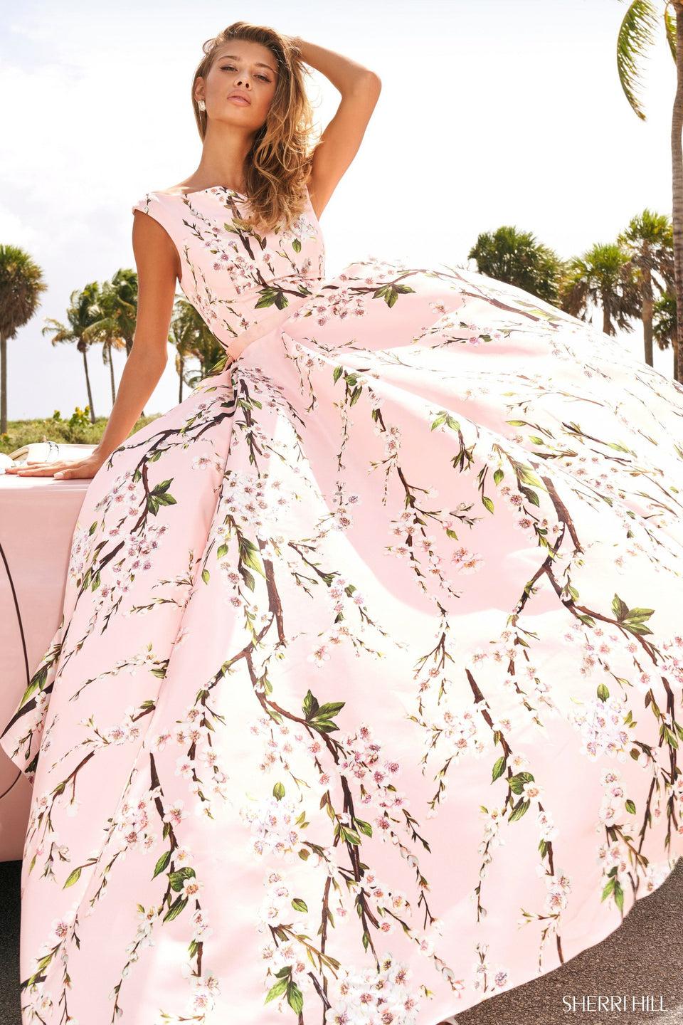 Sherri Hill High Neck Cap Sleeve Bodice Ballgown With Dogwood Print And A Ribbon Belt