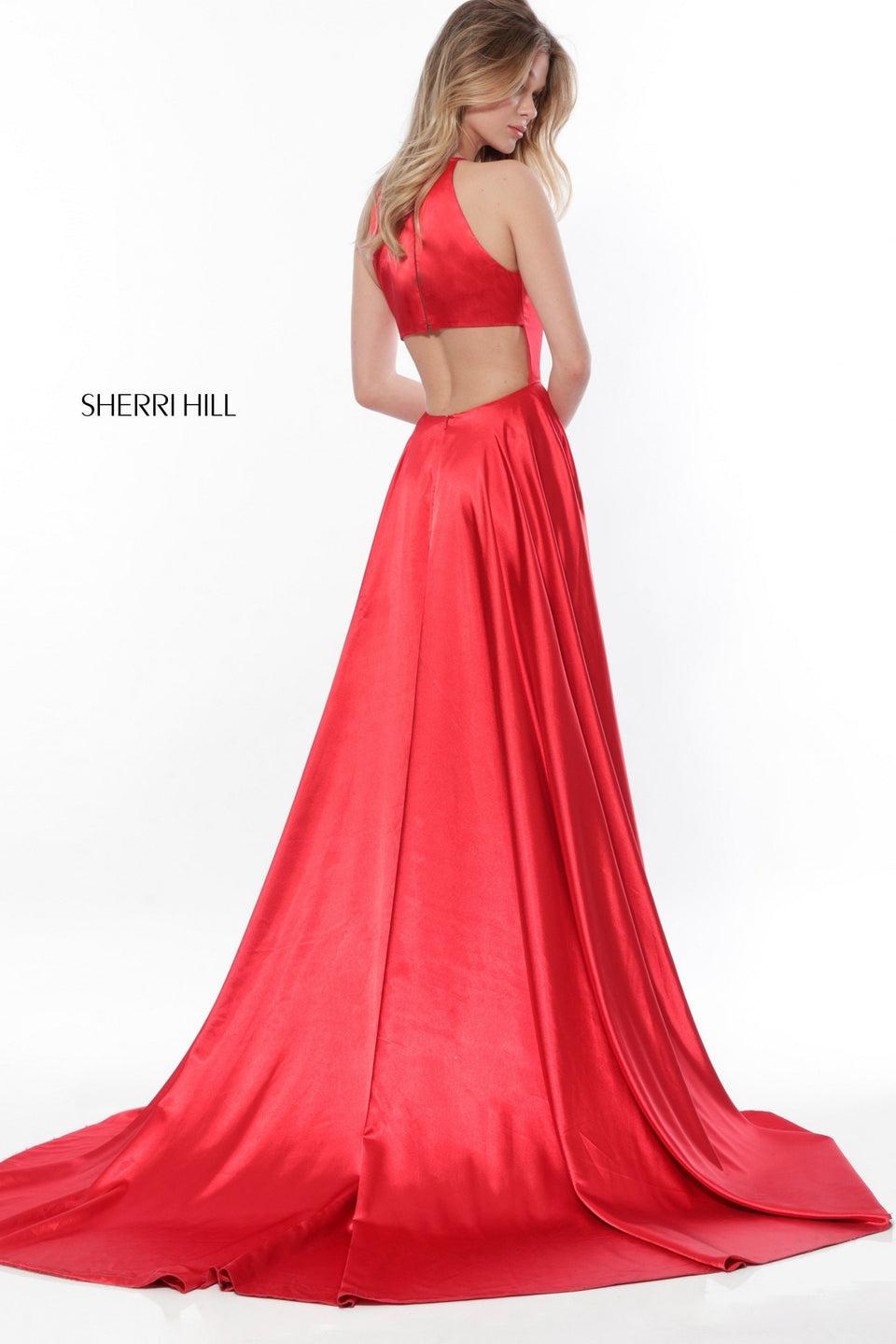 Sherri Hill High Neck Charmeuse Gown With A Side Slit And Back Cut Out