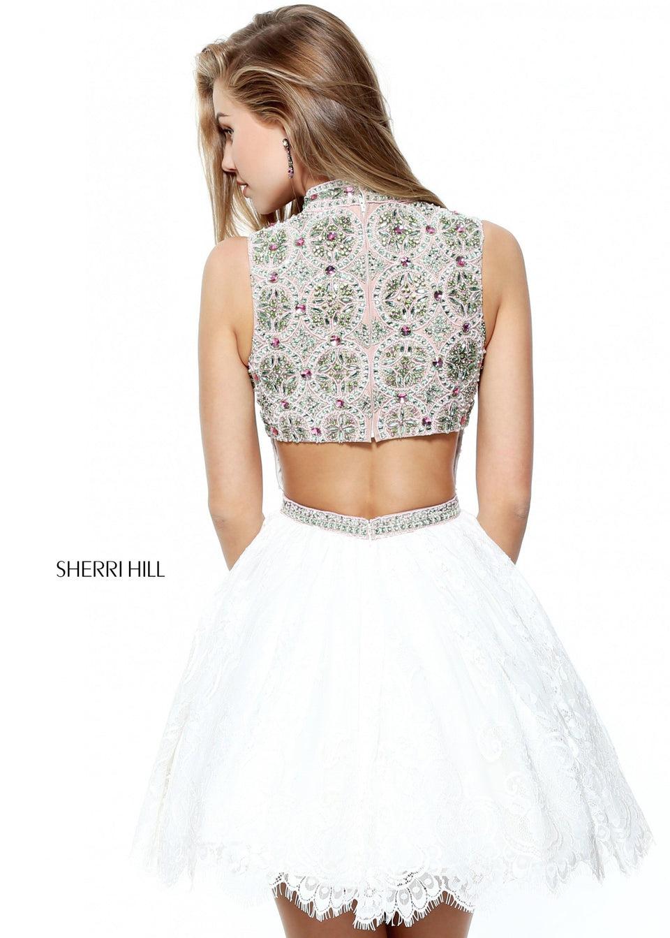 Sherri Hill High Neck Circle Beaded Bodice With A Lace Cocktail Length Skirt