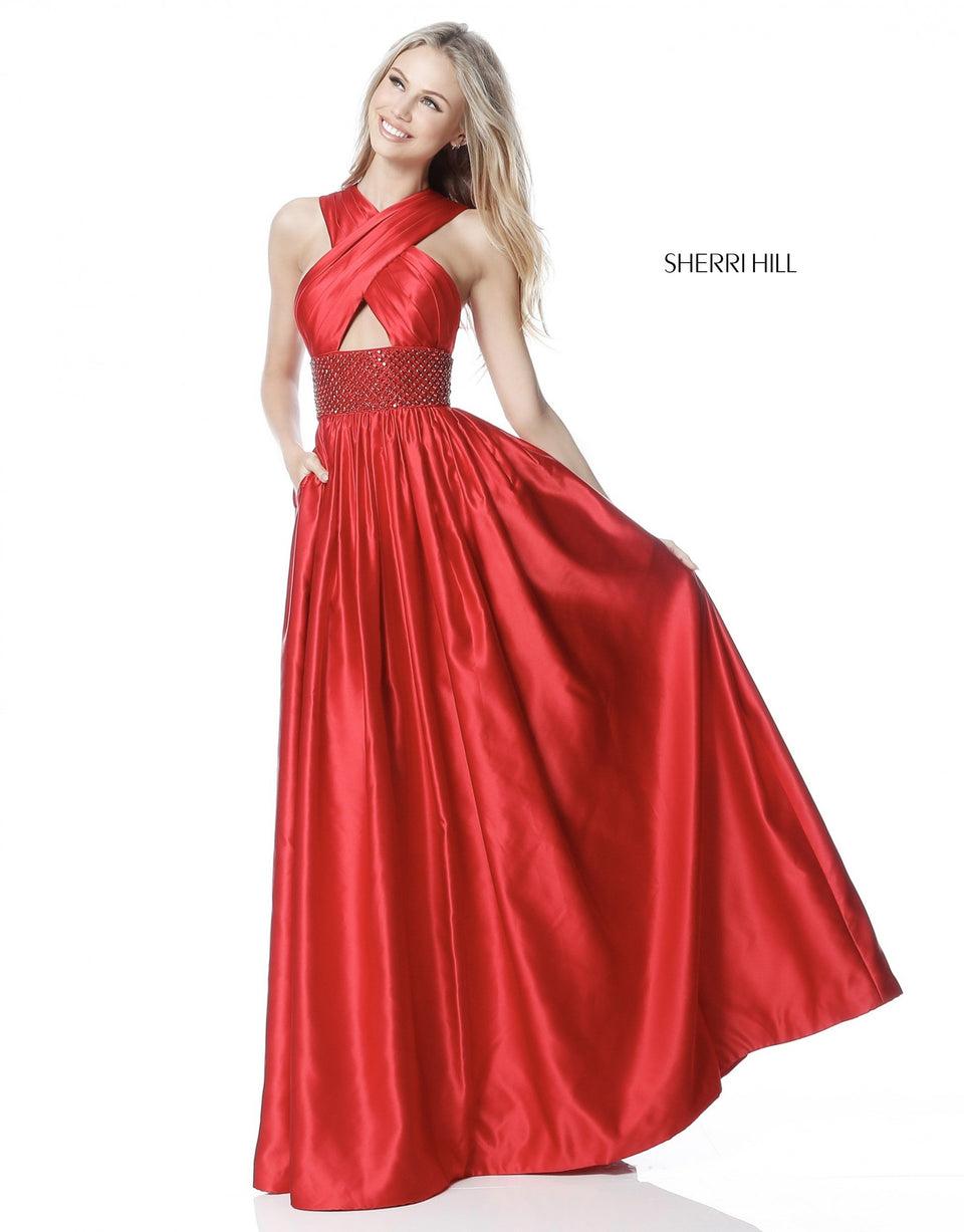 Sherri Hill High Neck Criss-cross Keyhole Bodice Ball Gown With Beaded Belt