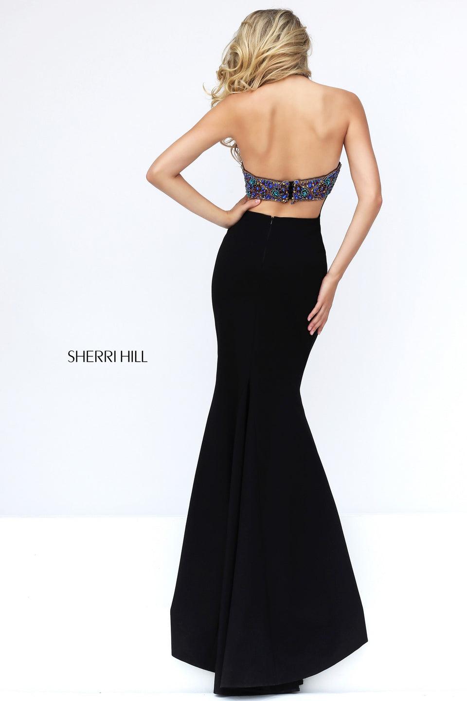Sherri Hill High Neck Fitted Scuba With Beaded Collar And Back Detail