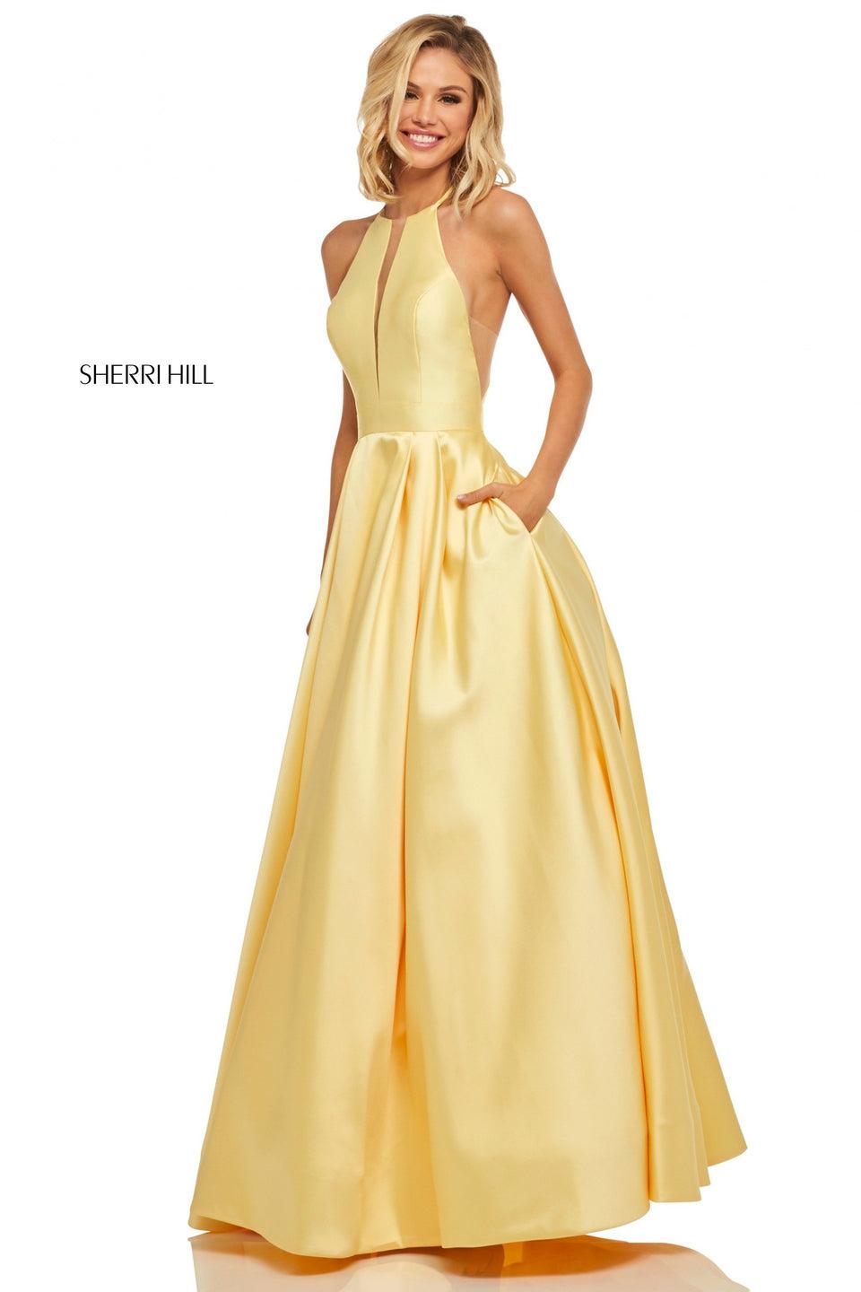 Sherri Hill High Neck Mikado A-line With Plunging Front Slit In Bodice And Skirt Pockets