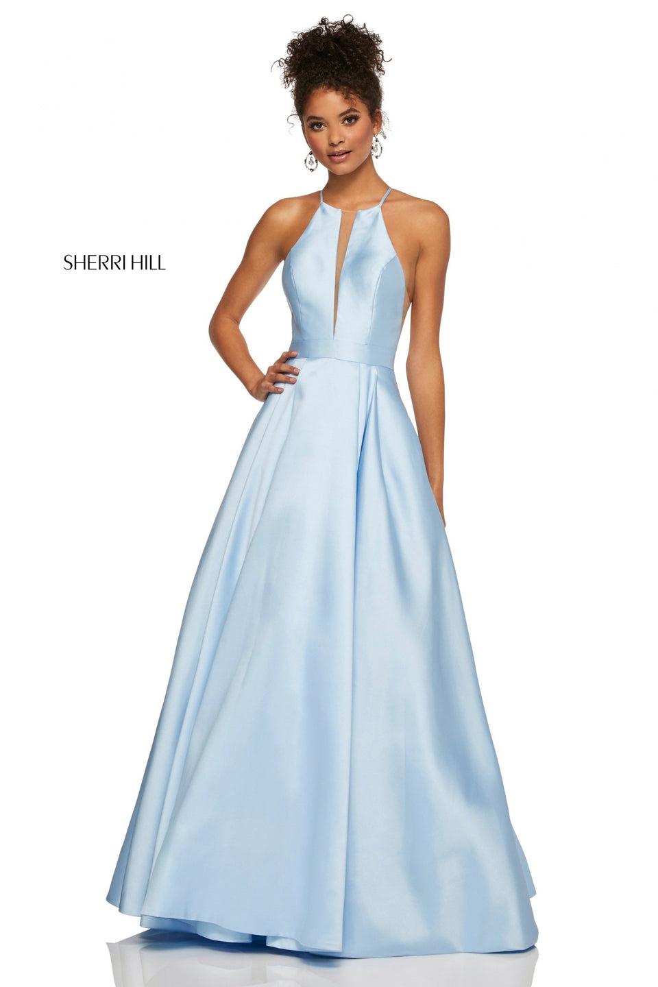 sherri hill High neck mikado A-line with plunging front slit in bodice and skirt pockets