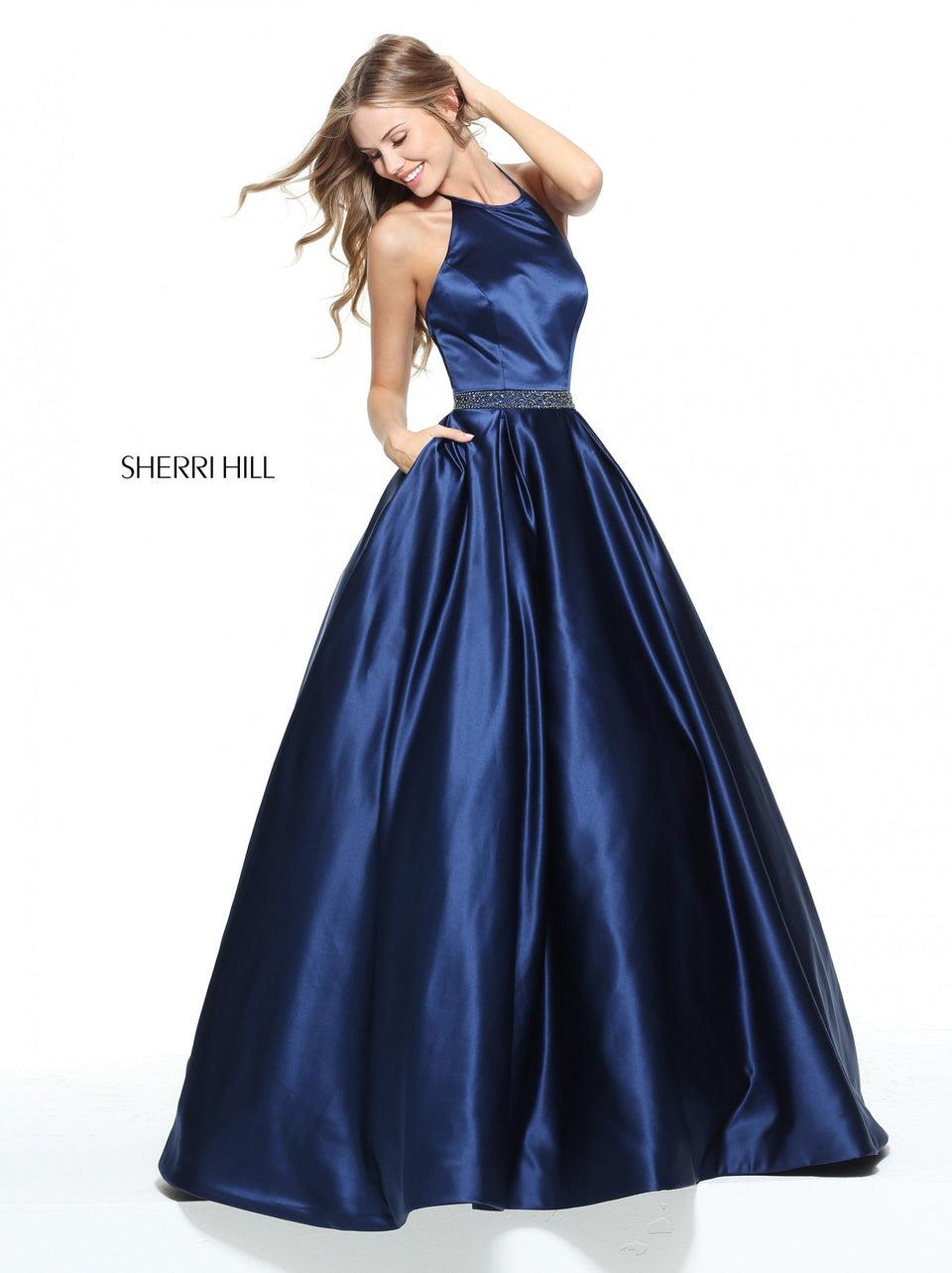 Sherri Hill High Neck Satin Ball Gown With A Beaded Waist Band