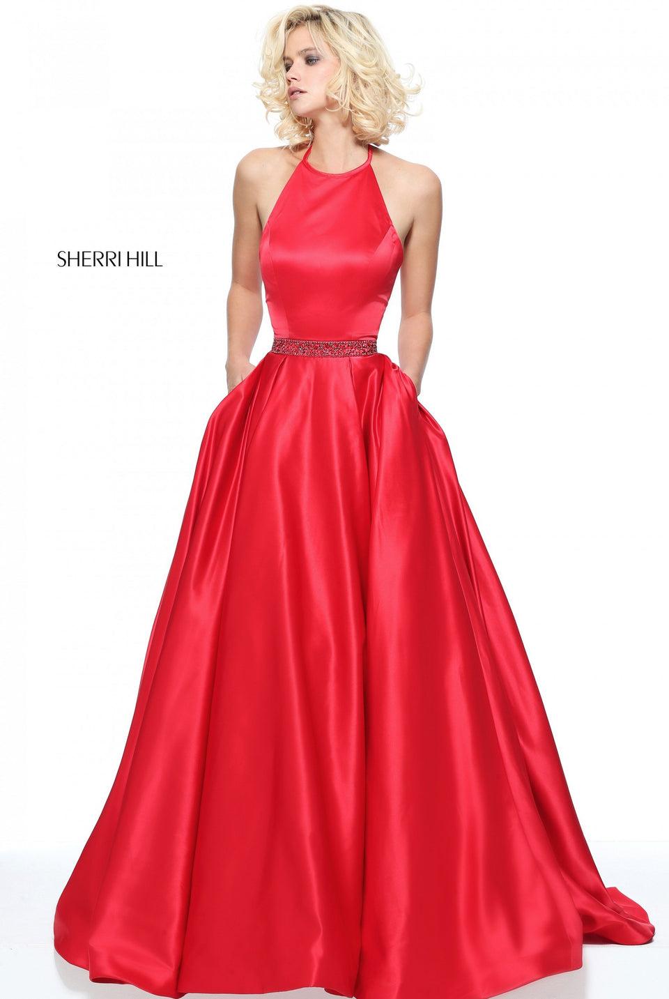 Sherri Hill High Neck Satin Ball Gown With A Beaded Waist Band