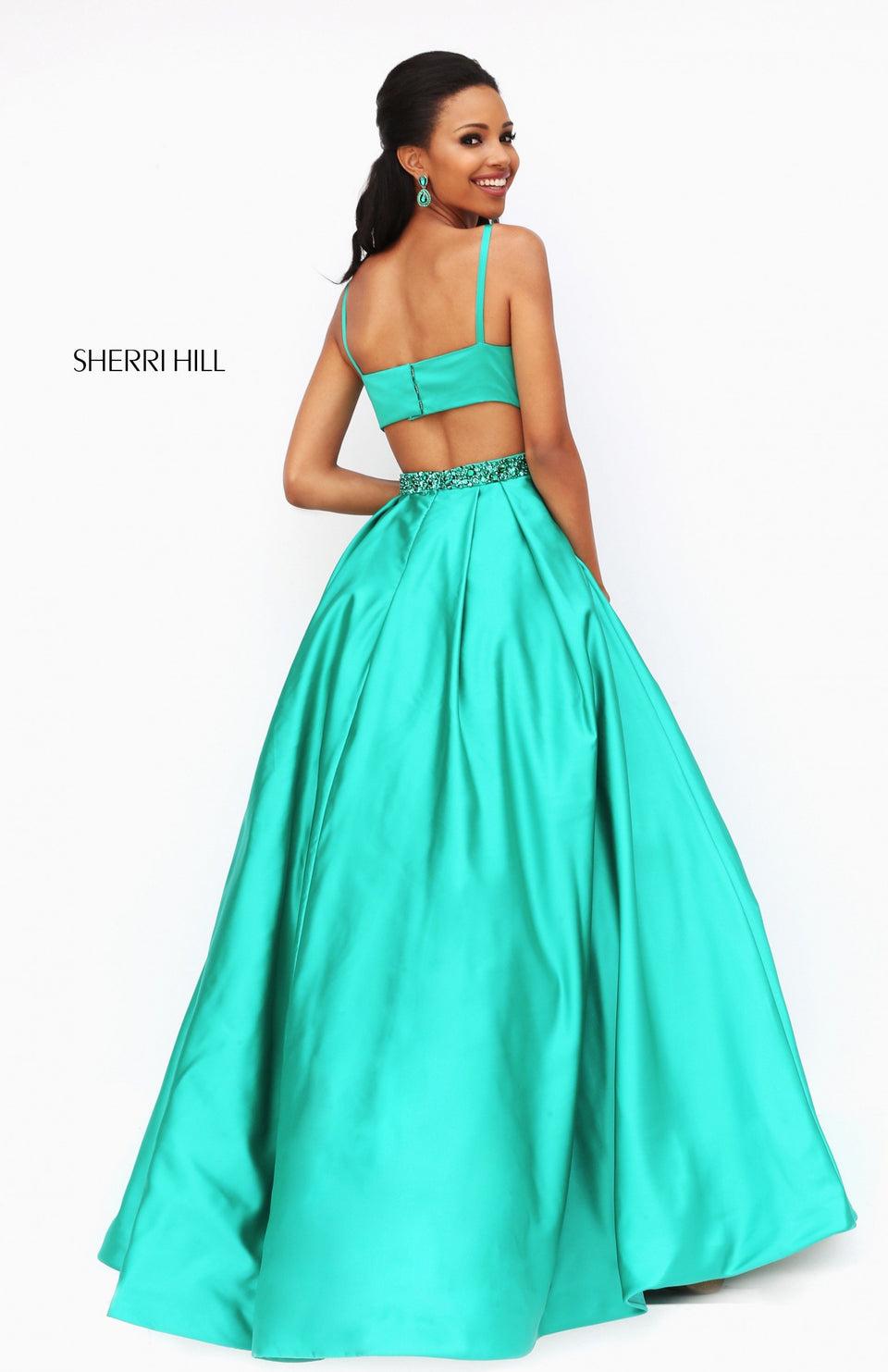 Sherri Hill High Neck Satin Ballgown With Beaded Belt