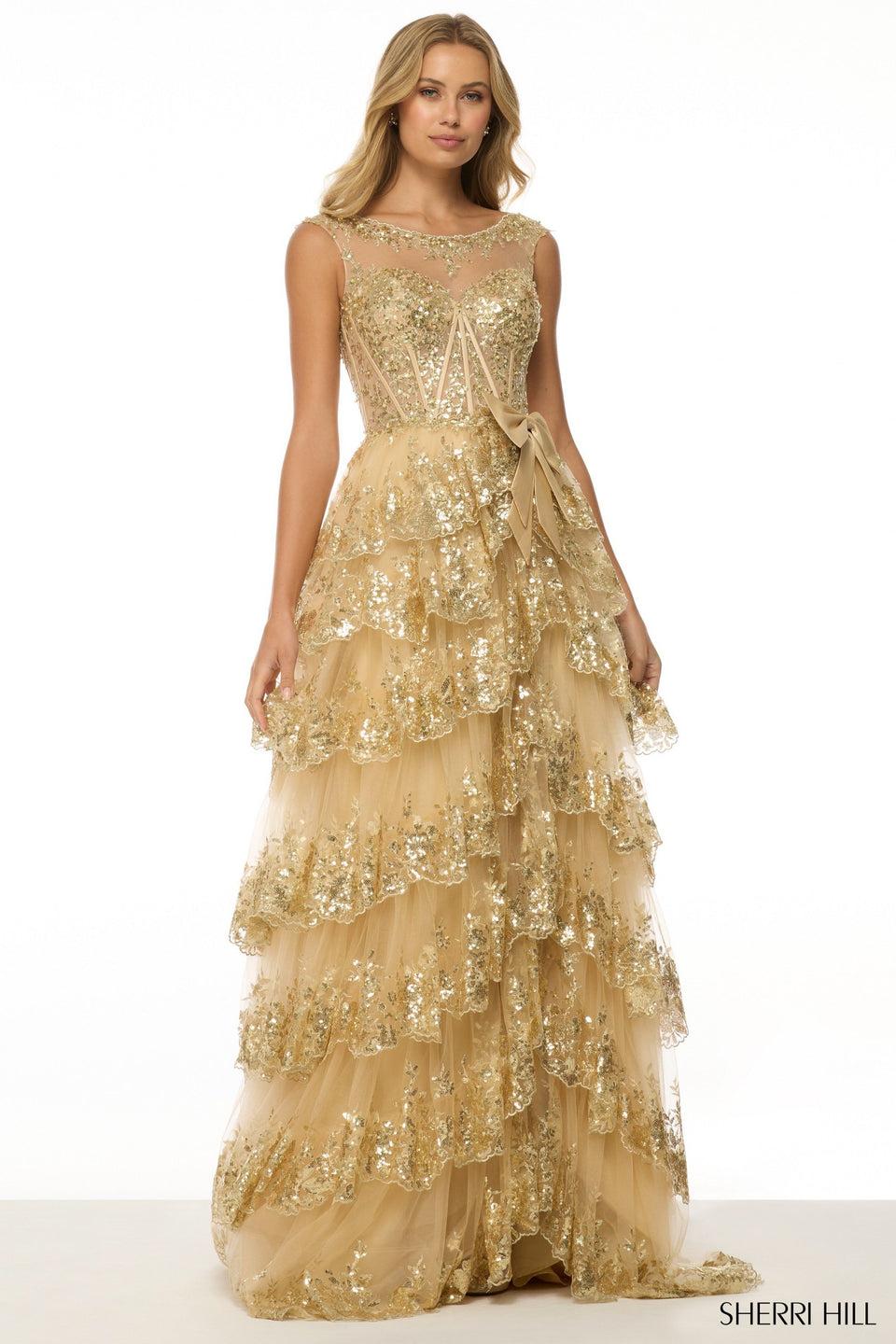 sherri hill High neck sequin ballgown with corset bodice and ruffle high slit skirt