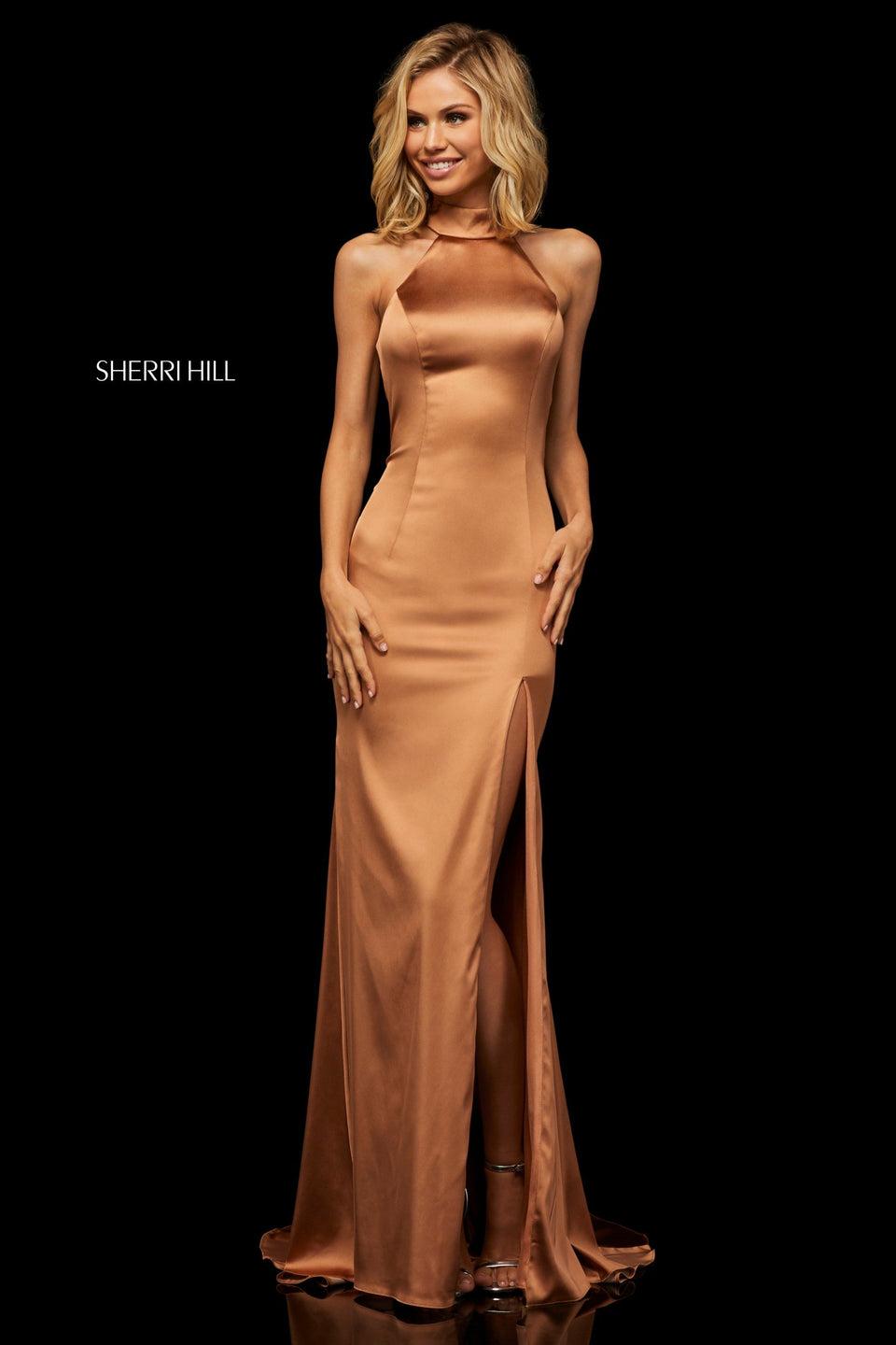 Sherri Hill High-neck Stretch Satin Gown With Skirt Slit Back Cut-out And Ruched Skirt Back