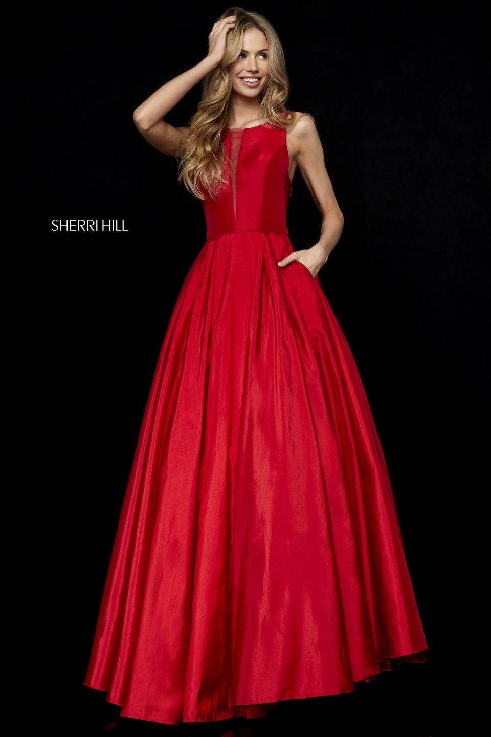 sherri hill High neck taffeta A-line gown with sheer front cut out