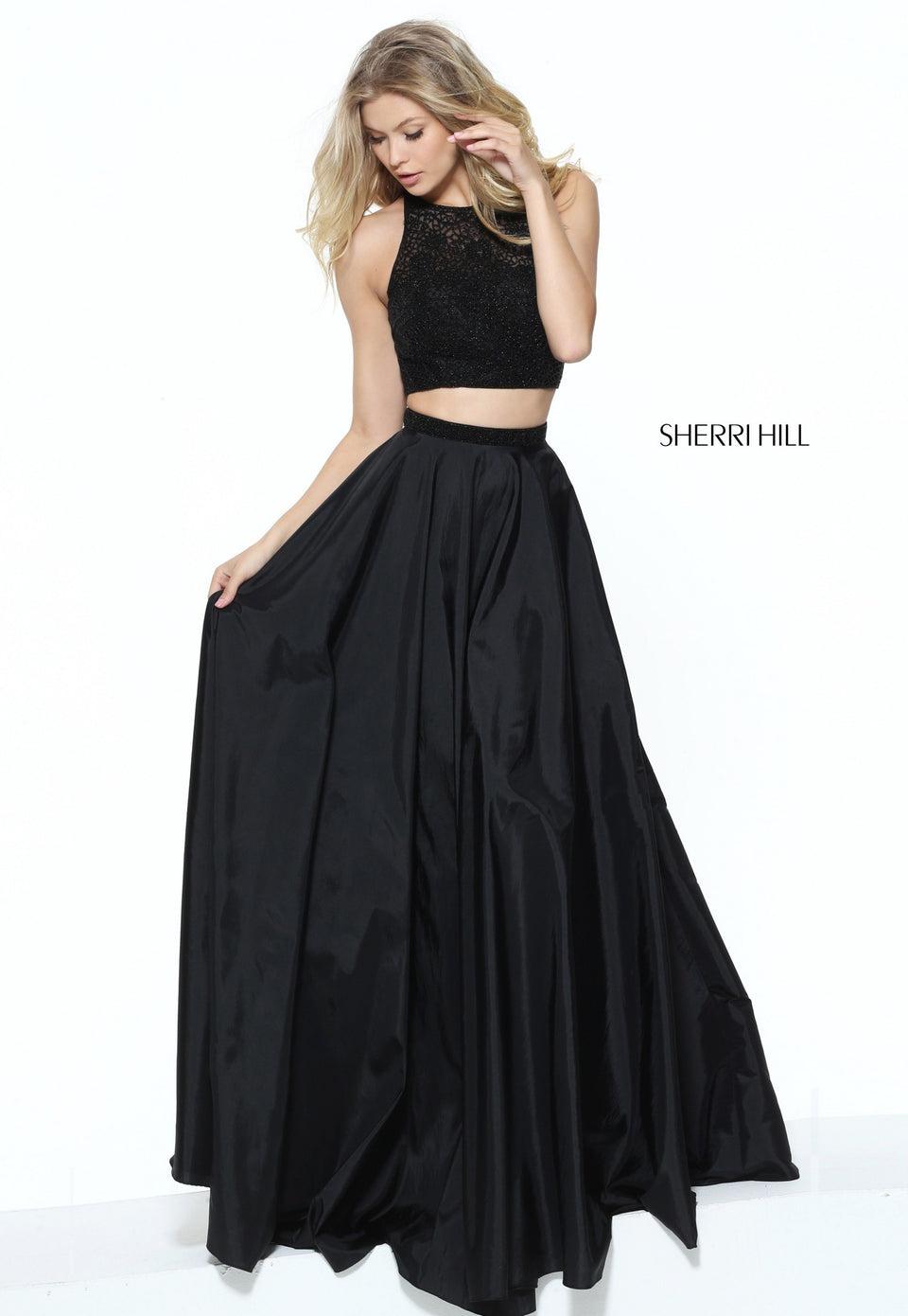 sherri hill High neck two piece with beaded top and key hole back with taffeta A-line skirt
