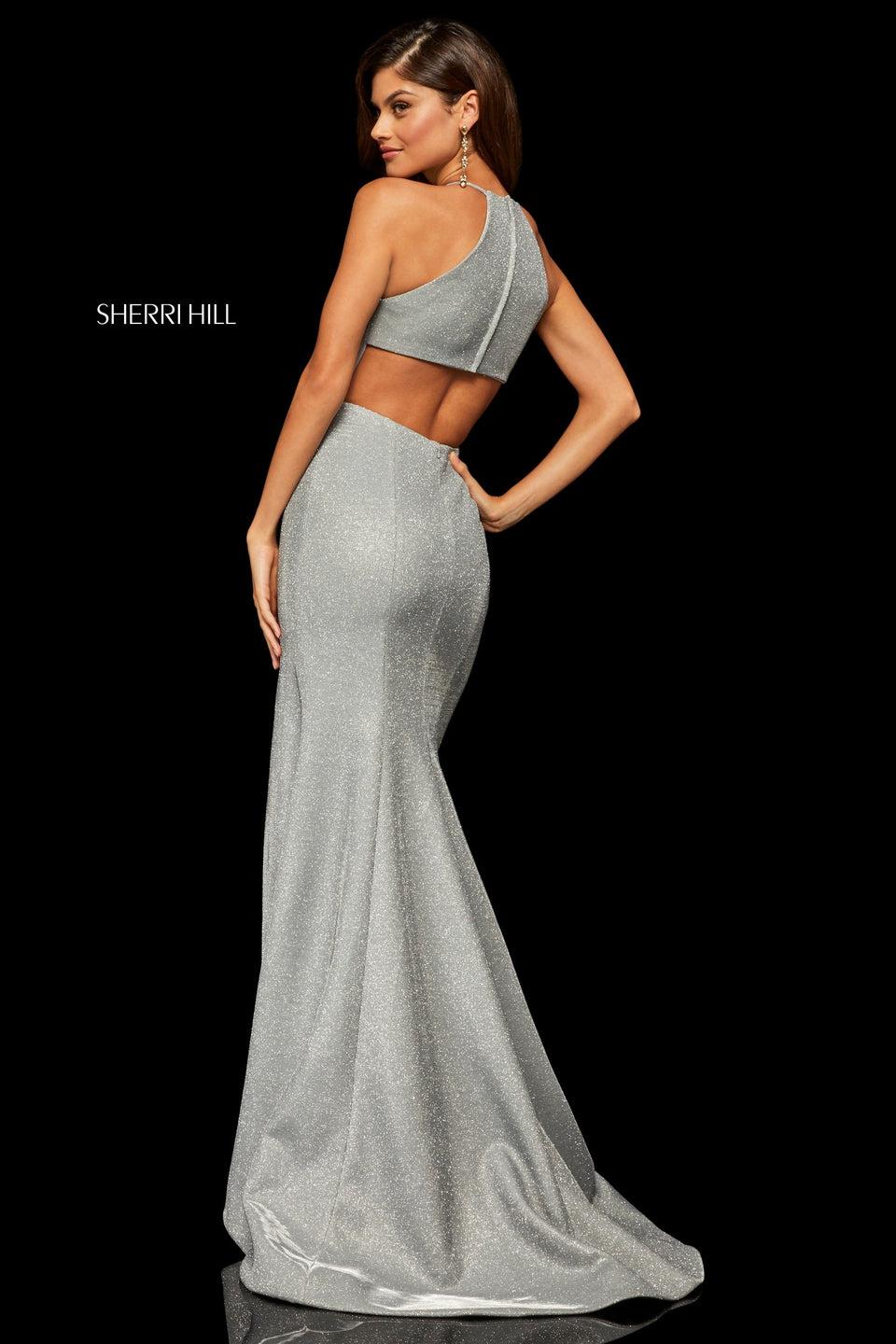 Sherri Hill High Neckline Glitter Stretch Dress With Side Slit And Cut Out Back