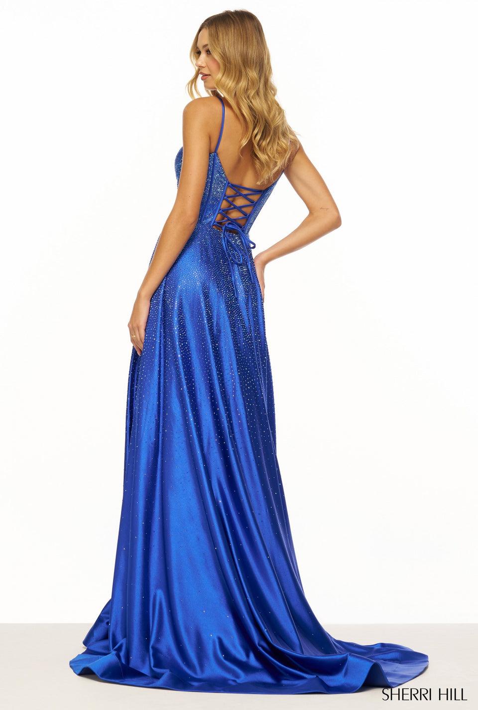 Sherri Hill Hot Fix A-line Gown With Corset Bodice Lace Up Back And Skirt Slit