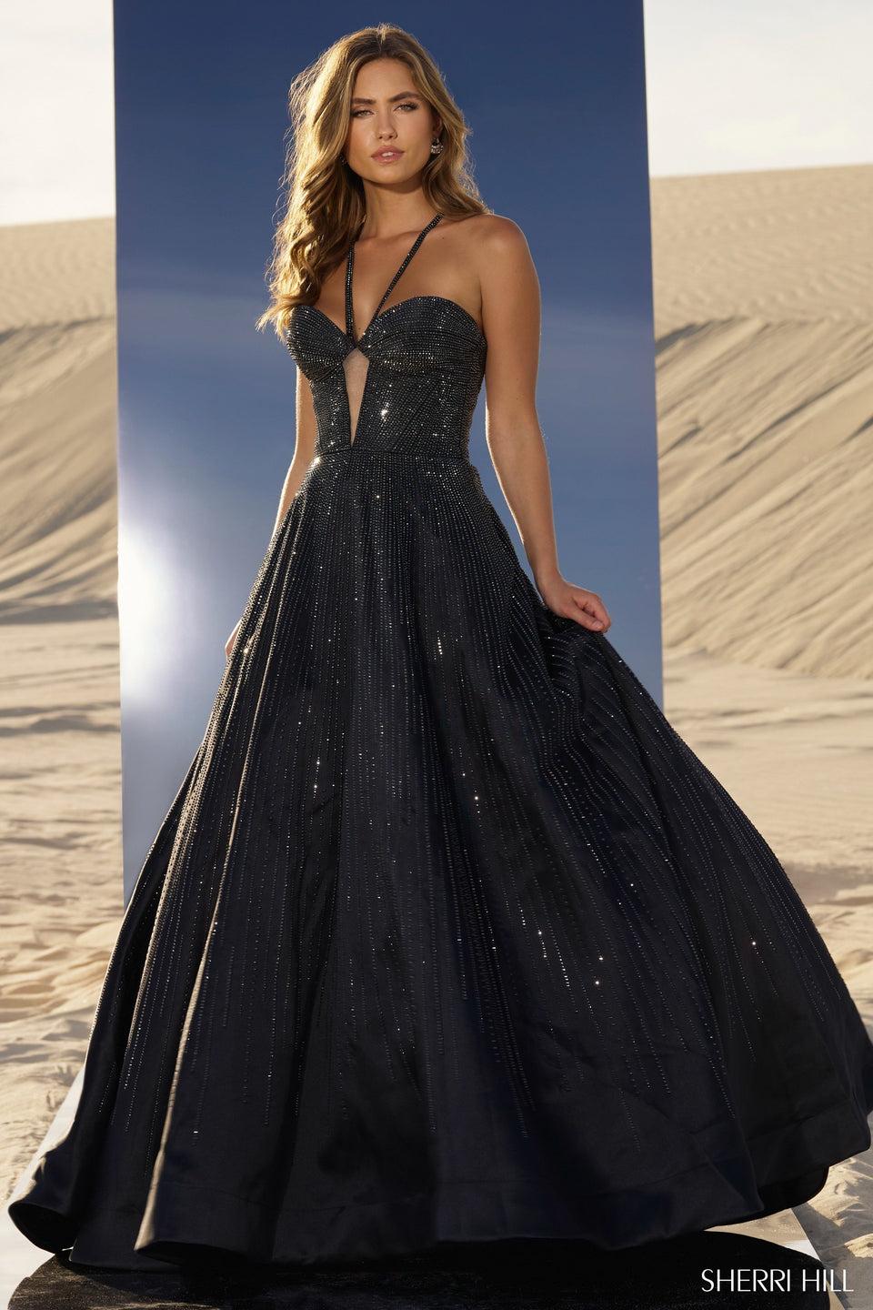 Sherri Hill Hot Fix Ball Gown With Sheer Keyhole On Bodice