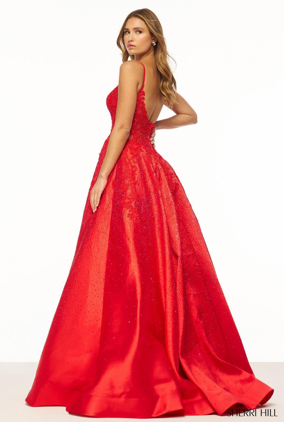 Sherri Hill Hot Fix Ballgown With Lace Embellishments And Deep V Neckline