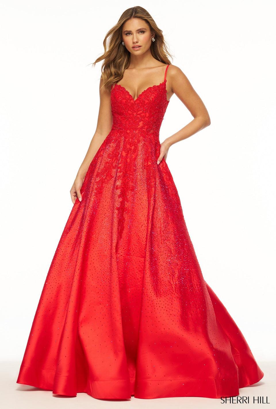 sherri hill Hot fix ballgown with lace embellishments and deep V neckline
