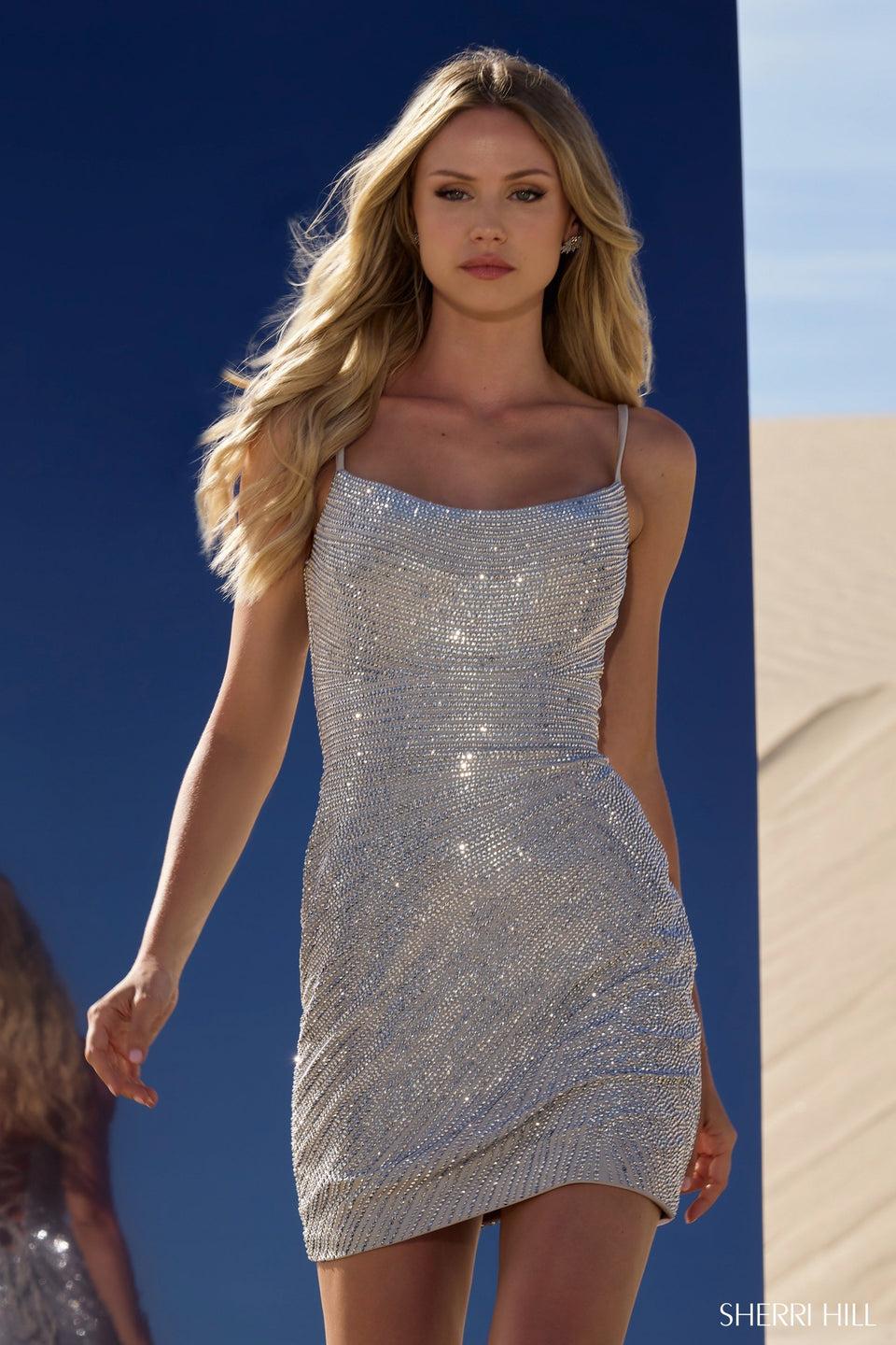 Sherri Hill Hot Fix Cocktail Dress With Scoop Neckline And Lace Up Back