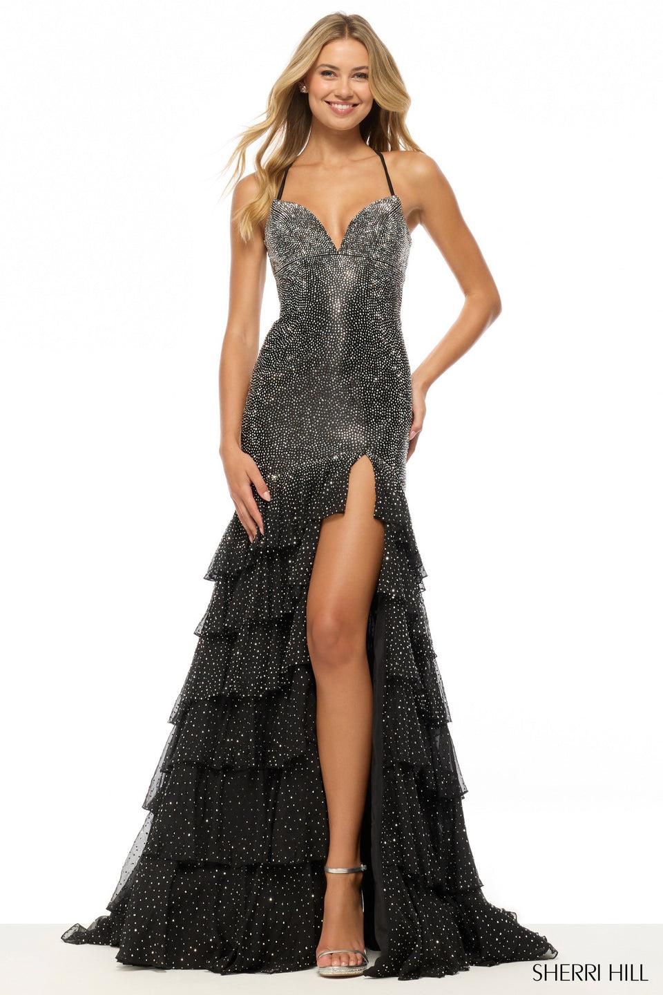 Sherri Hill Hot Fix Gown With Chiffon Ruffle Hot Fix Skirt With Slit