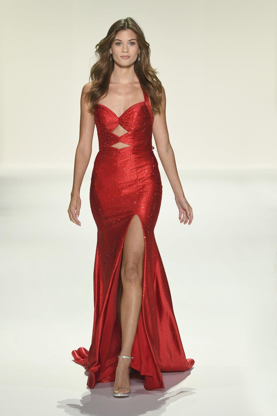 Sherri Hill Hot Stone Fitted Halter Gown Keyholes And A Skirt Slit