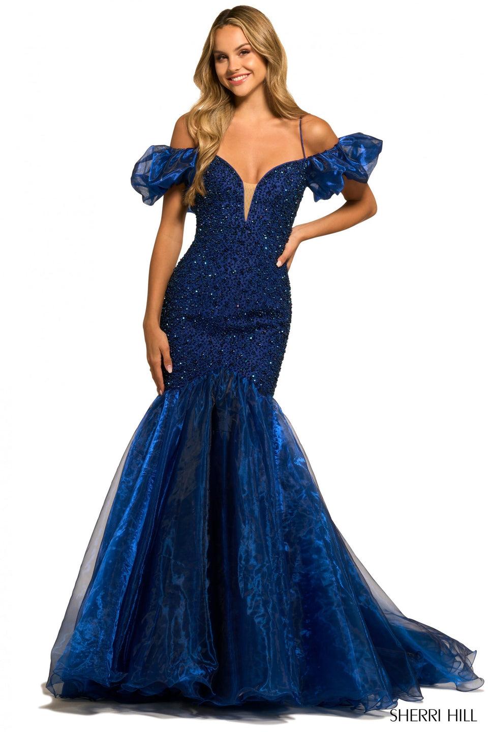 sherri hill Iridescent beaded mermaid gown with plunging deep V illusion neckline organza skirt and puffy sleeves