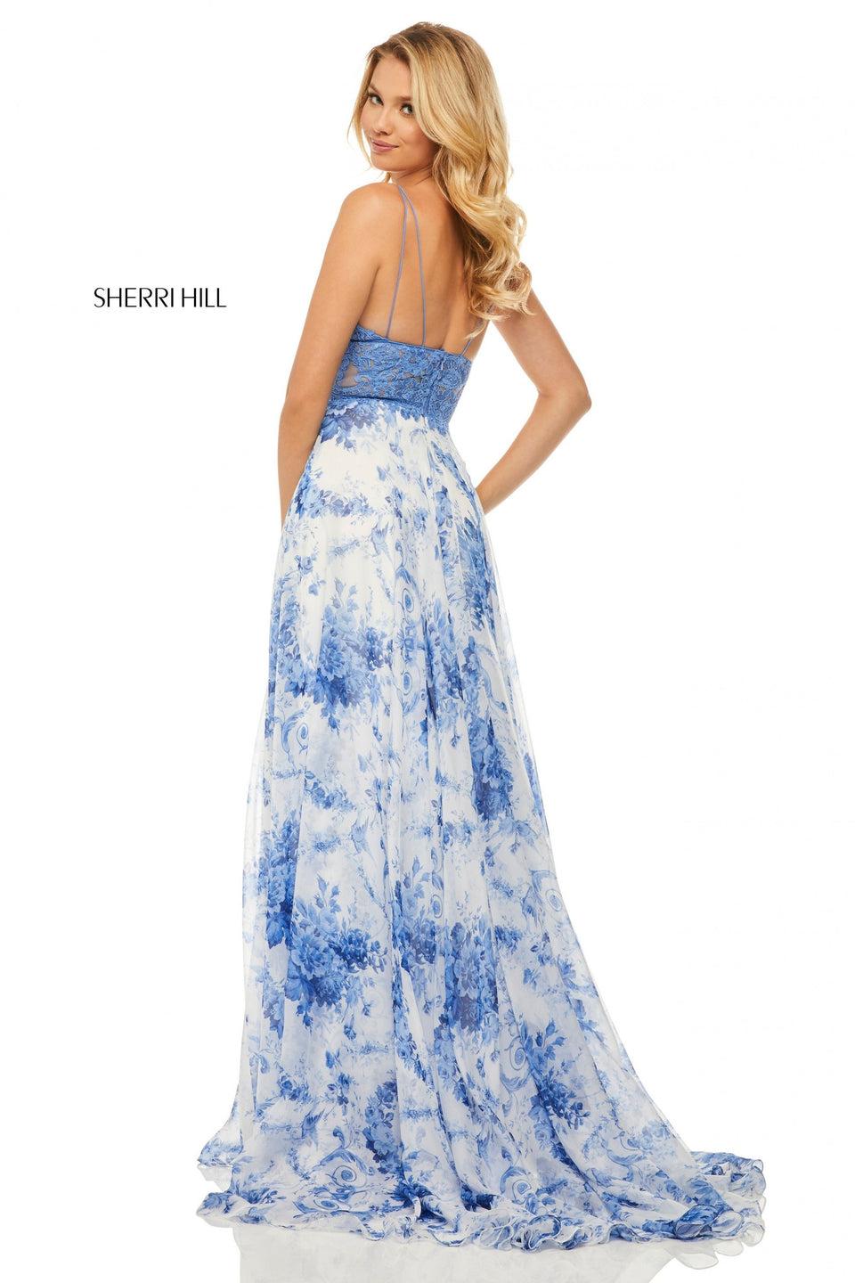 Sherri Hill Ivory Blue Print Chiffon Gown With Lace Bodice