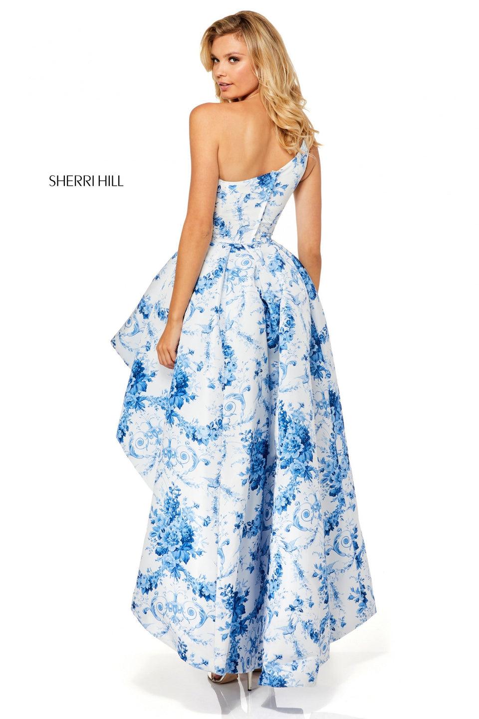 Sherri Hill Ivory Blue Print High-low With A One-shoulder Bodice