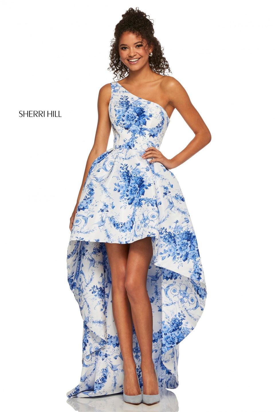 Sherri Hill Ivory Blue Print High-low With A One-shoulder Bodice