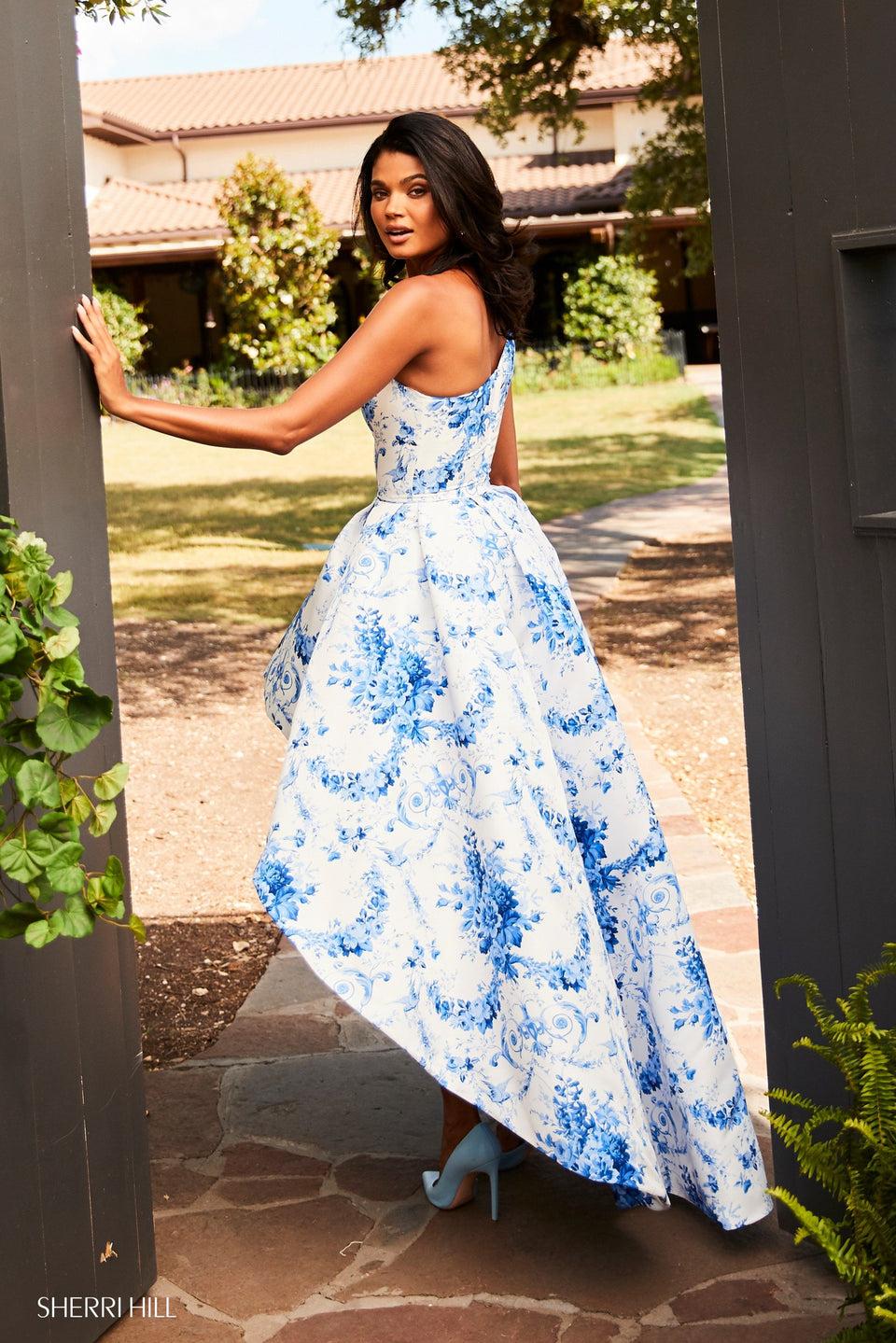 sherri hill Ivory blue print high-low with a one-shoulder bodice