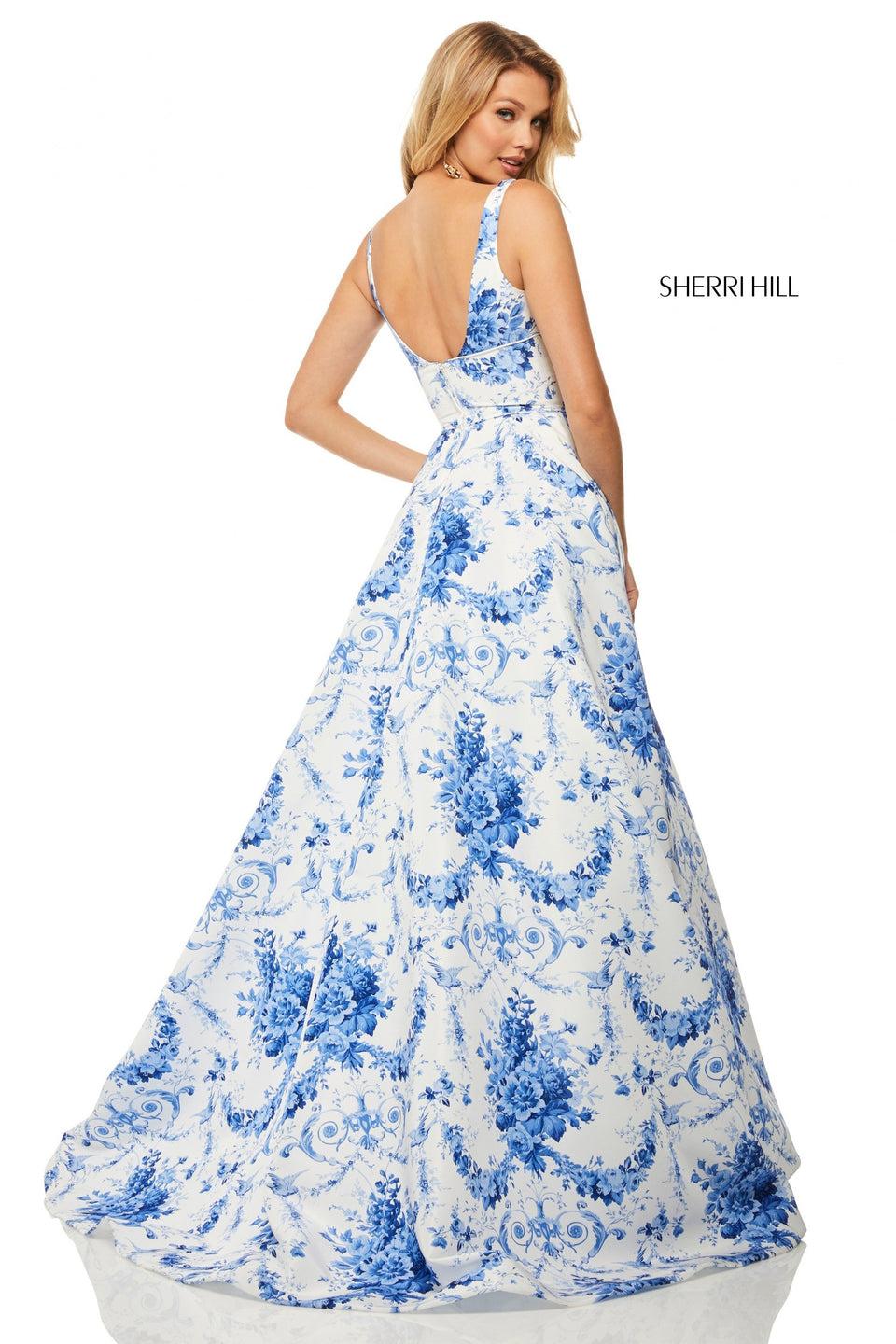 Sherri Hill Ivory Blue Print Taffeta Ball Gown With A Scoop Neckline