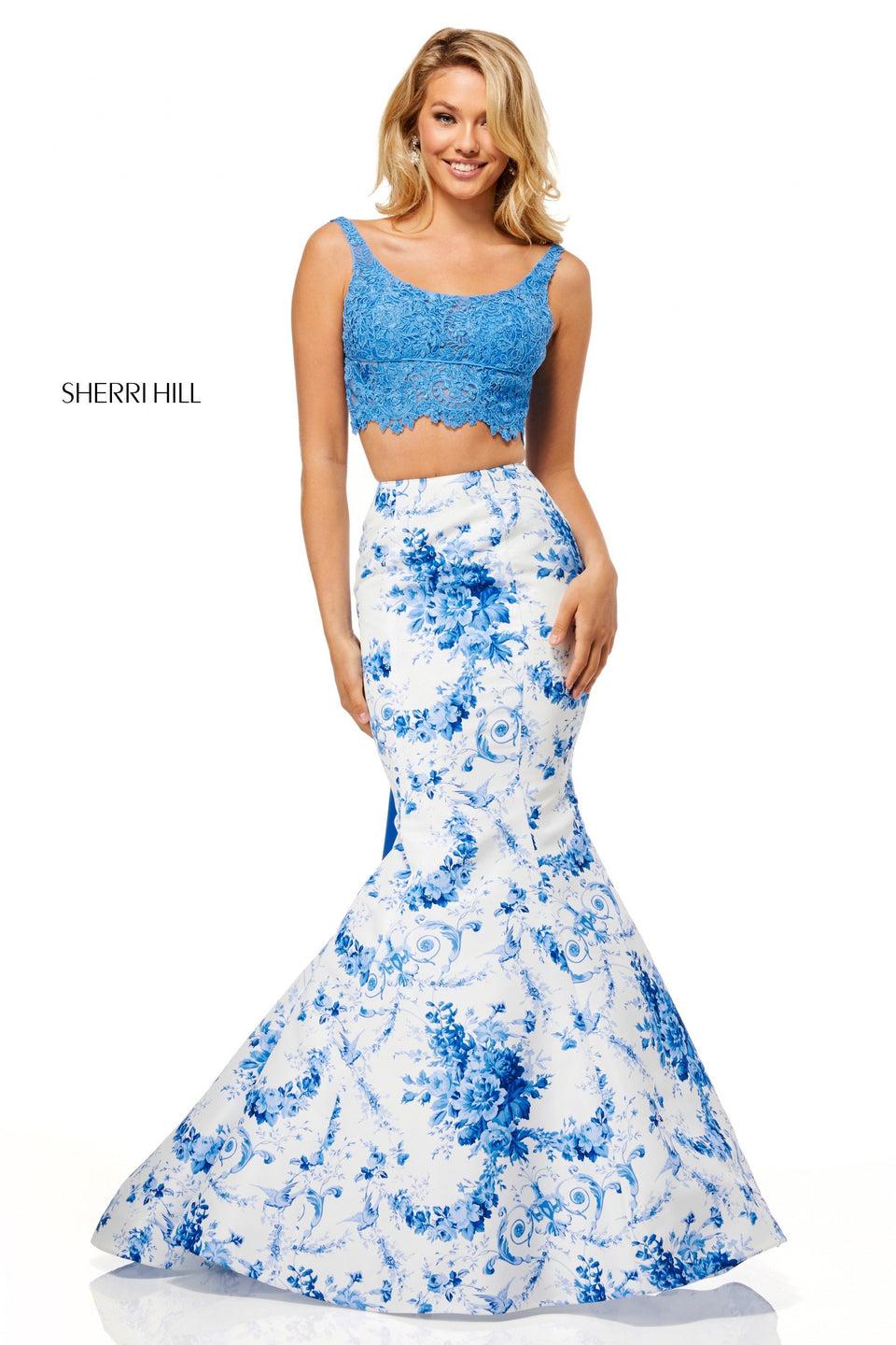 Sherri Hill Ivory Blue Print Taffeta Mermaid With A Lace Bodice And Taffeta Bow Back
