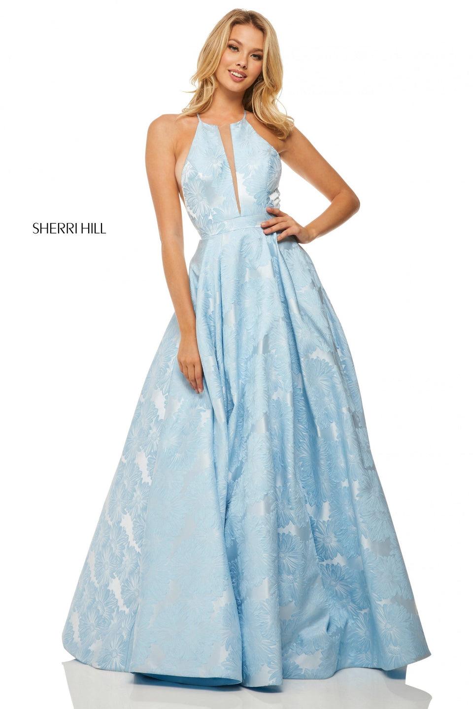 Sherri Hill Jacquard A-line Dress With Slit High Neckline