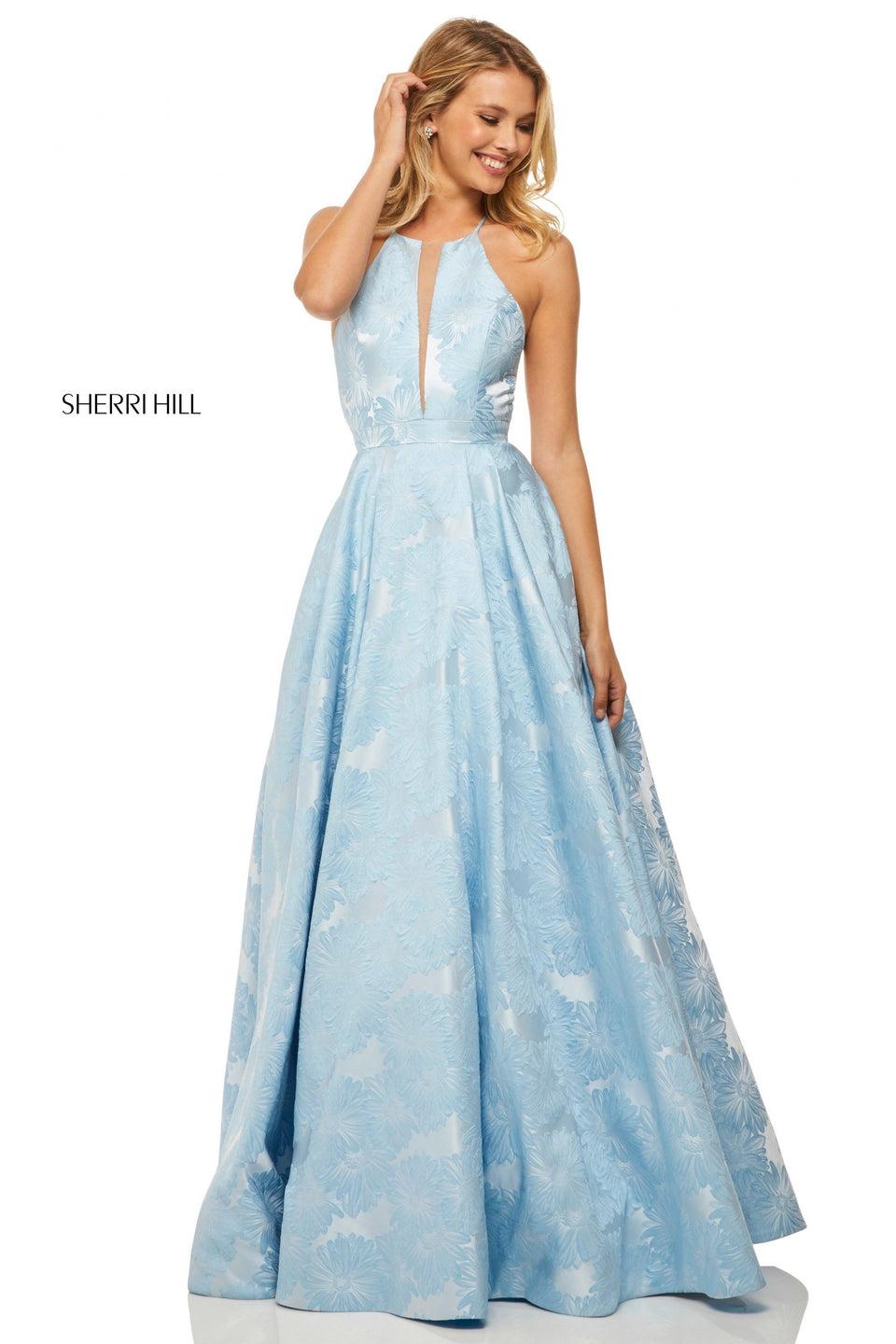 sherri hill Jacquard A-line dress with slit high neckline