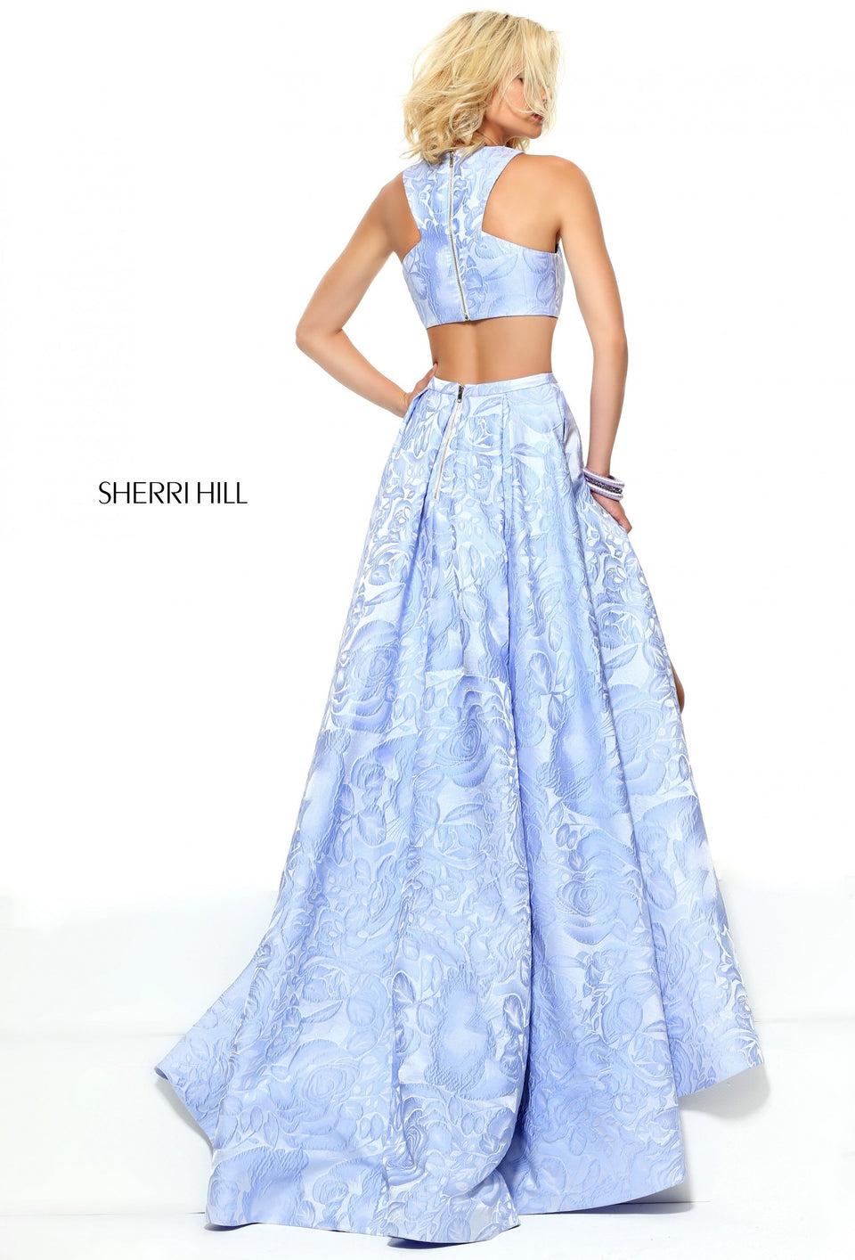 Sherri Hill Jacquard A-line With A Kick Pleat Front And An Open Back