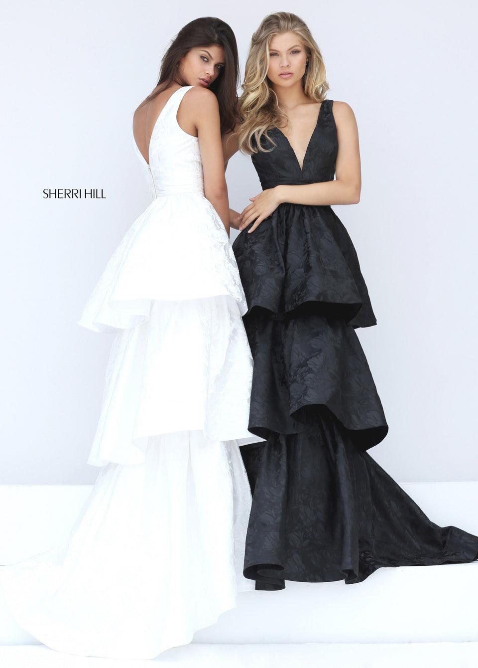 Sherri Hill Jacquard V-neck Bodice With Ruched Waist Band And An A-line Three Tiered Skirt