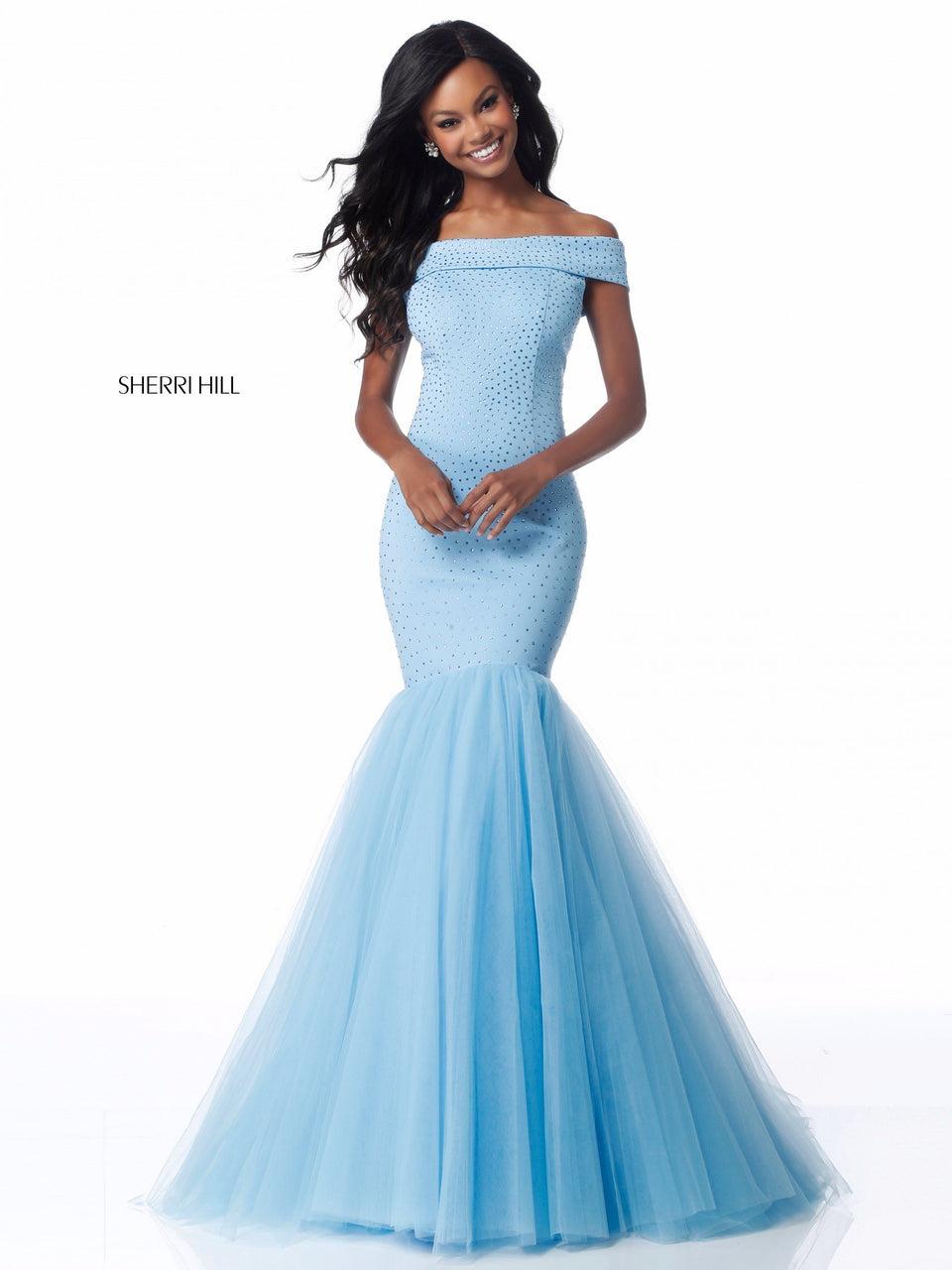 Sherri Hill Jersey Beaded Off-the-shoulder Bodice With Tulle Mermaid Skirt