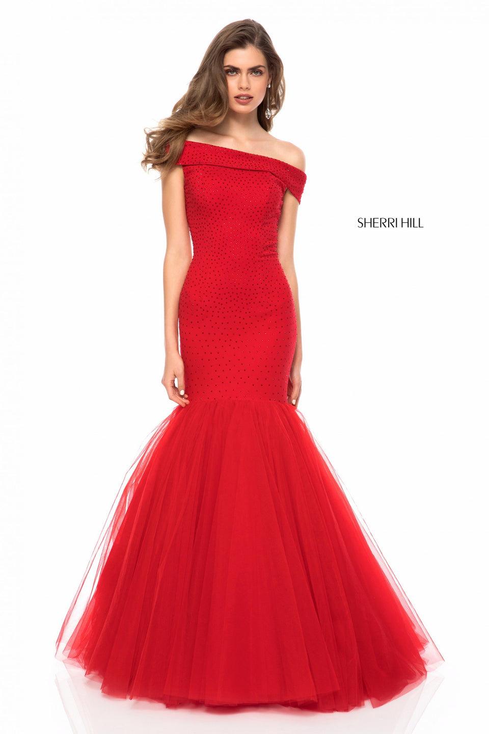sherri hill Jersey beaded off-the-shoulder bodice with tulle mermaid skirt